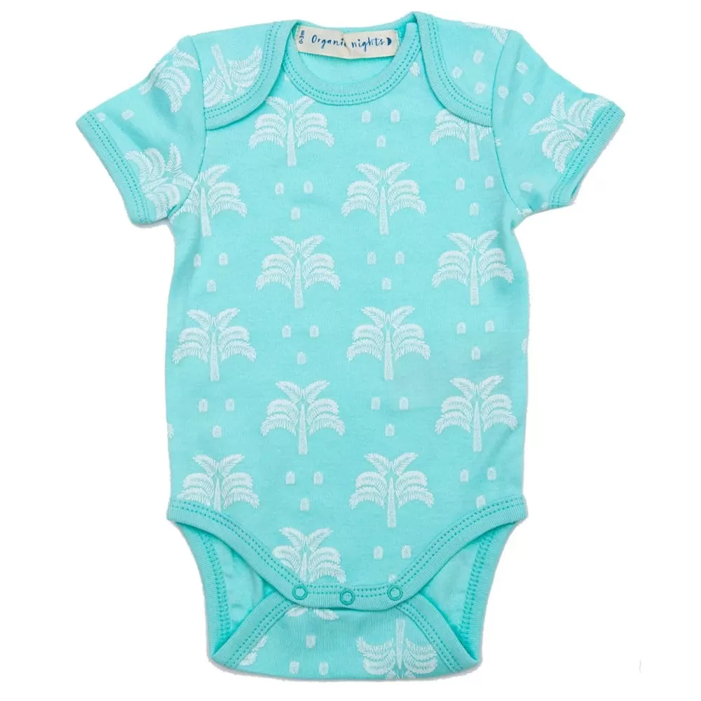 100% Organic Cotton Summer Short-Sleeve Onesie - Palms and Pineapples in Island Water Green