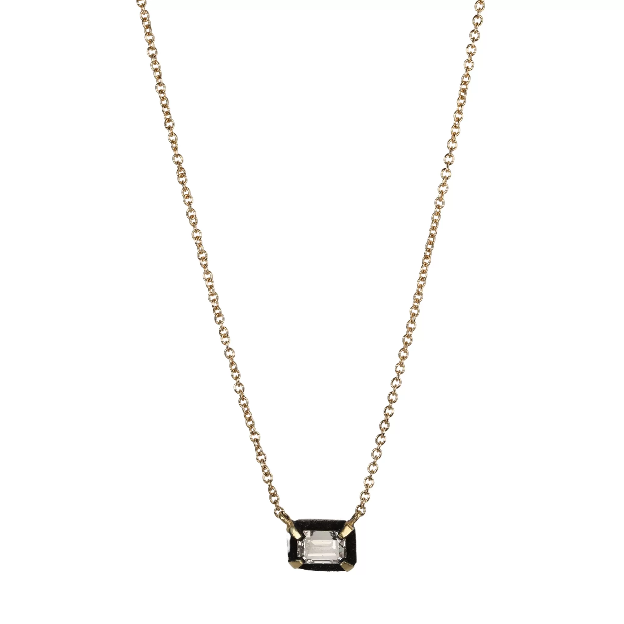 18K Gold Emerald-Cut Diamond Necklace with Blackened White Gold Halo