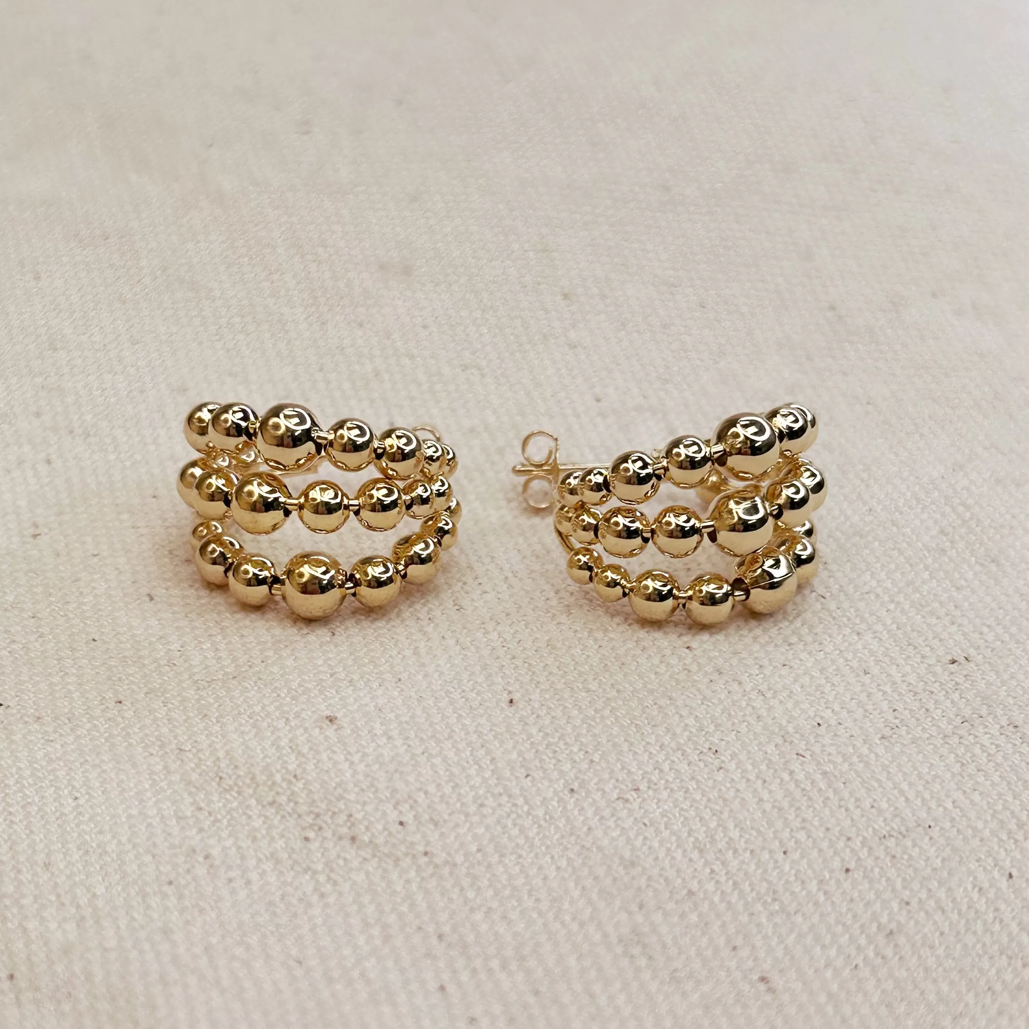 18k Gold Filled Triple Line Beaded C-Hoop Earrings