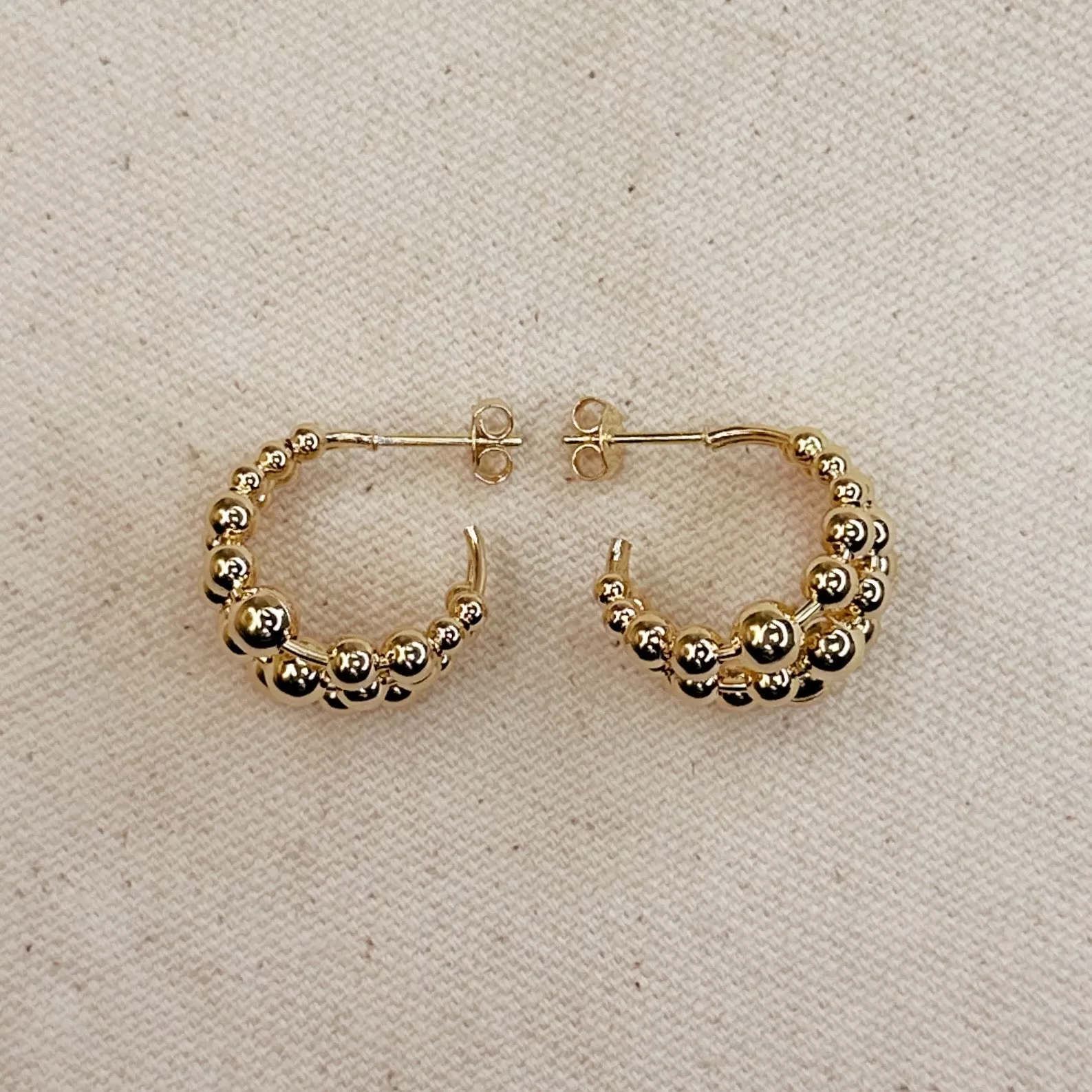 18k Gold Filled Triple Line Beaded C-Hoop Earrings