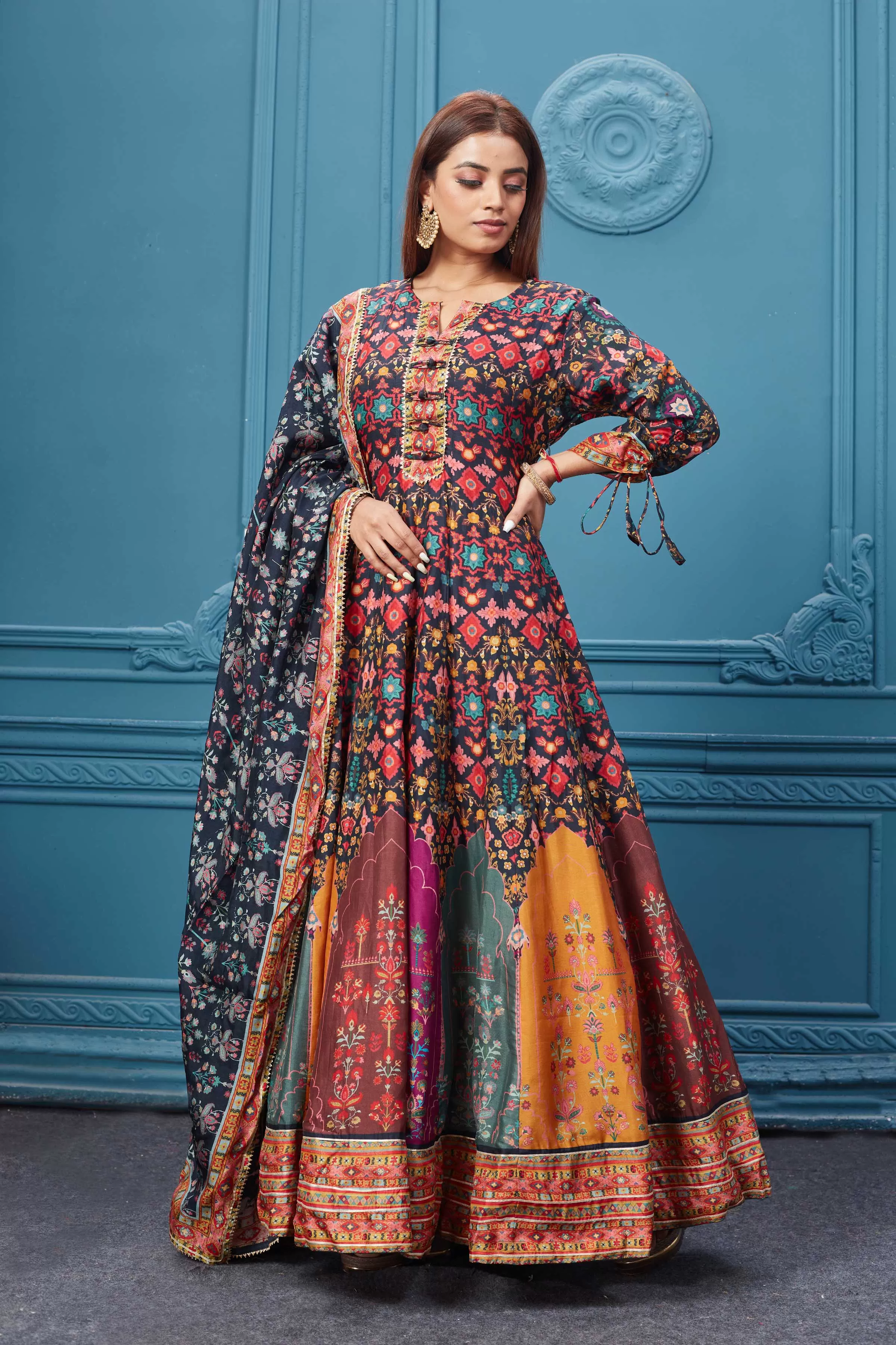 510024 Multicolor Printed Anarkali Suit With Black Dupatta