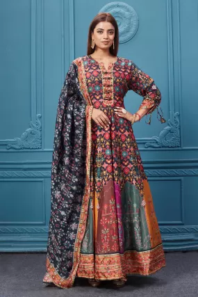 510024 Multicolor Printed Anarkali Suit With Black Dupatta