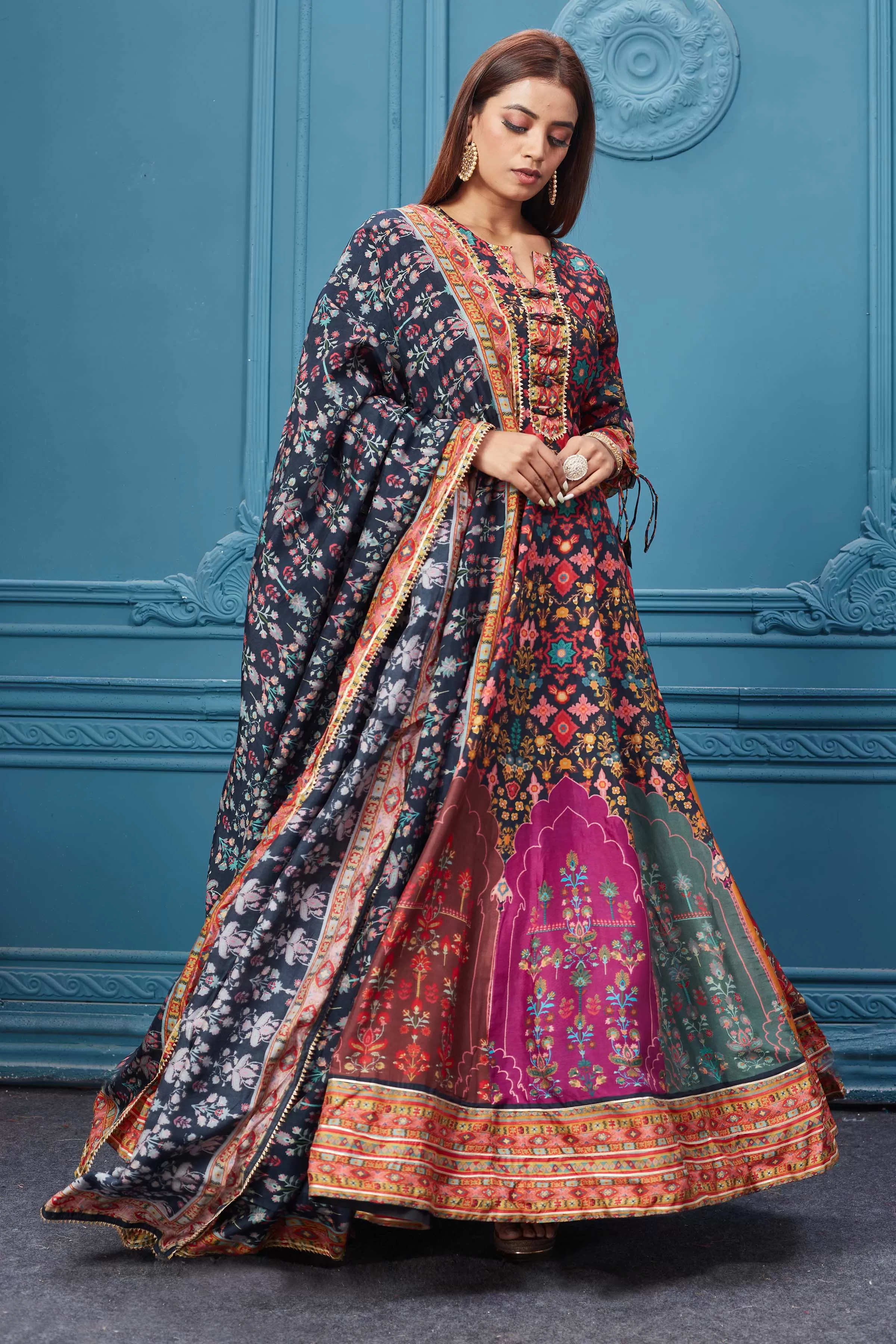 510024 Multicolor Printed Anarkali Suit With Black Dupatta