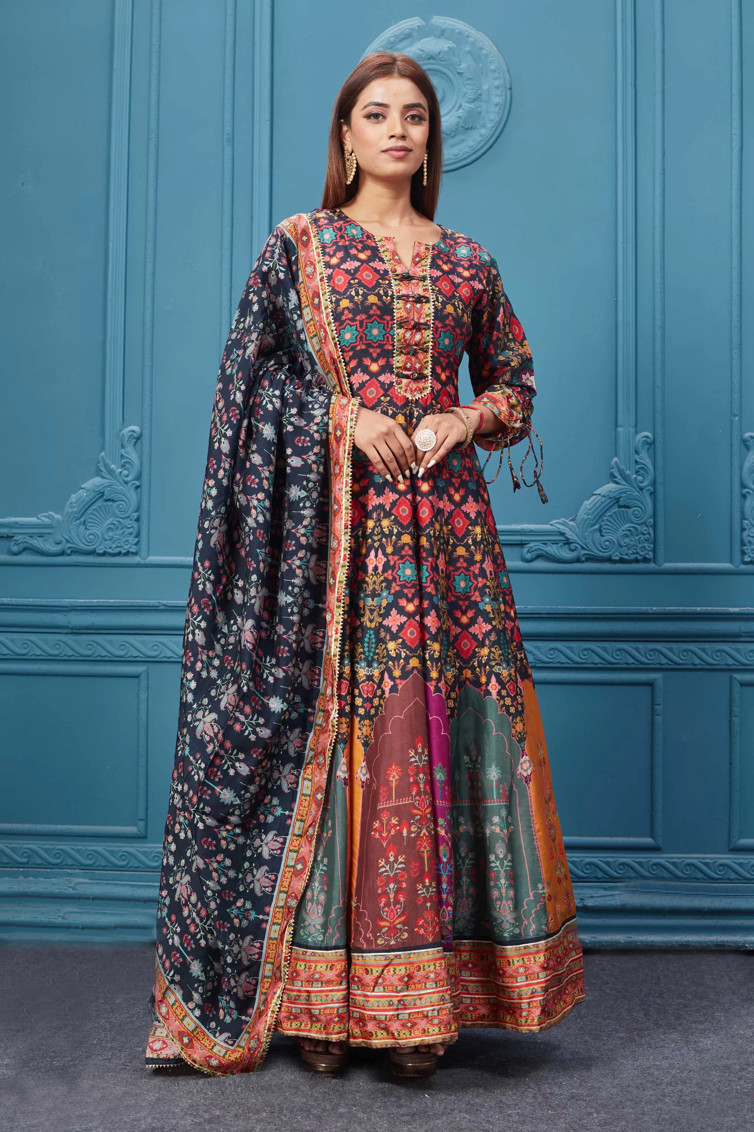 510024 Multicolor Printed Anarkali Suit With Black Dupatta