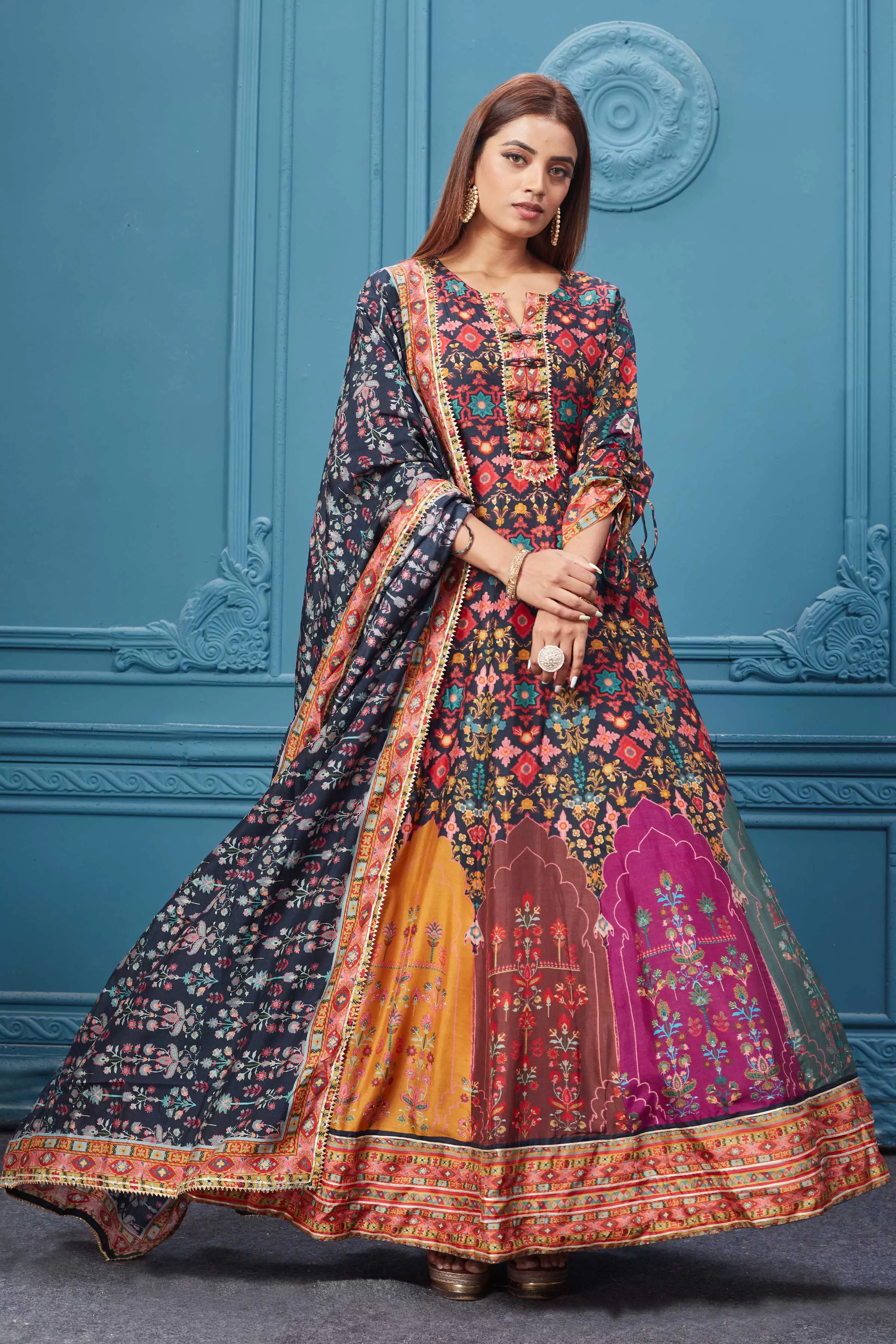 510024 Multicolor Printed Anarkali Suit With Black Dupatta