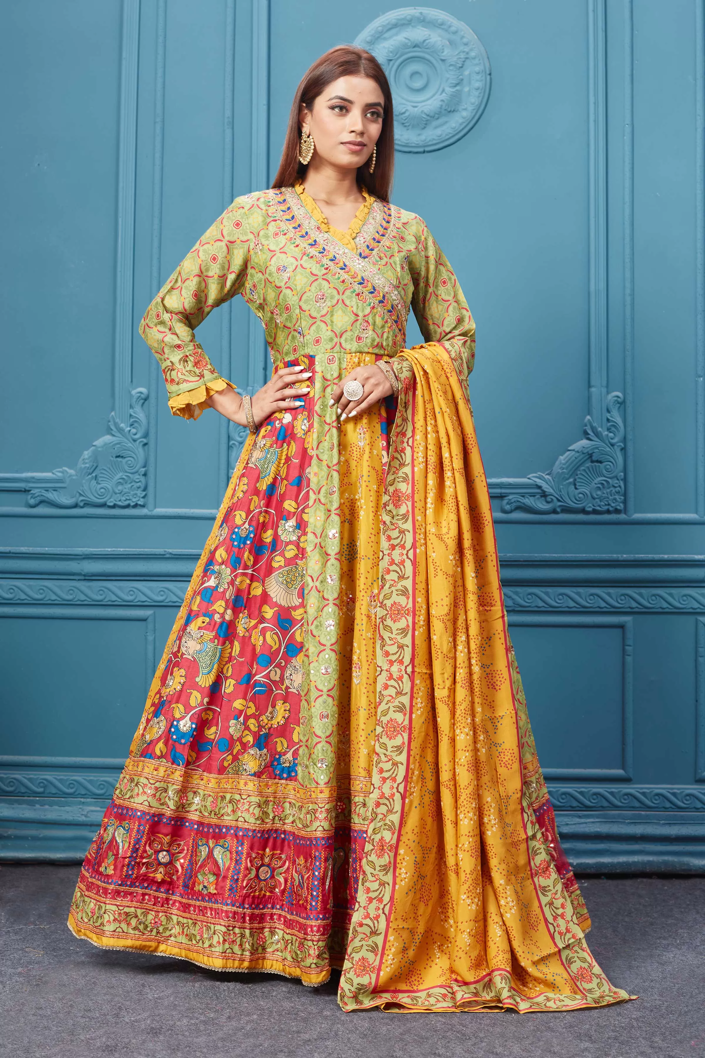 510025 Yellow Multicoloured Printed Anarkali Suit set