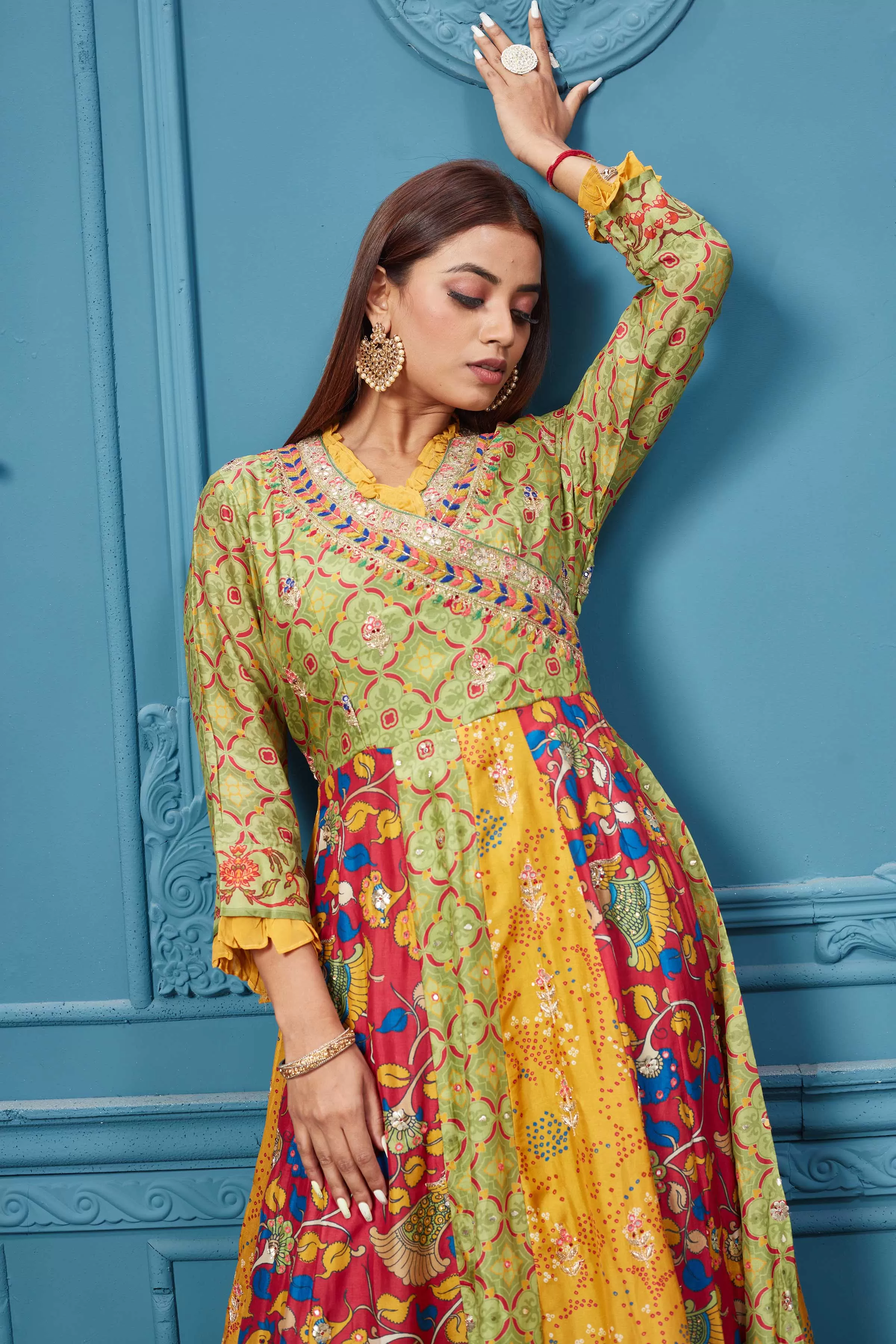 510025 Yellow Multicoloured Printed Anarkali Suit set