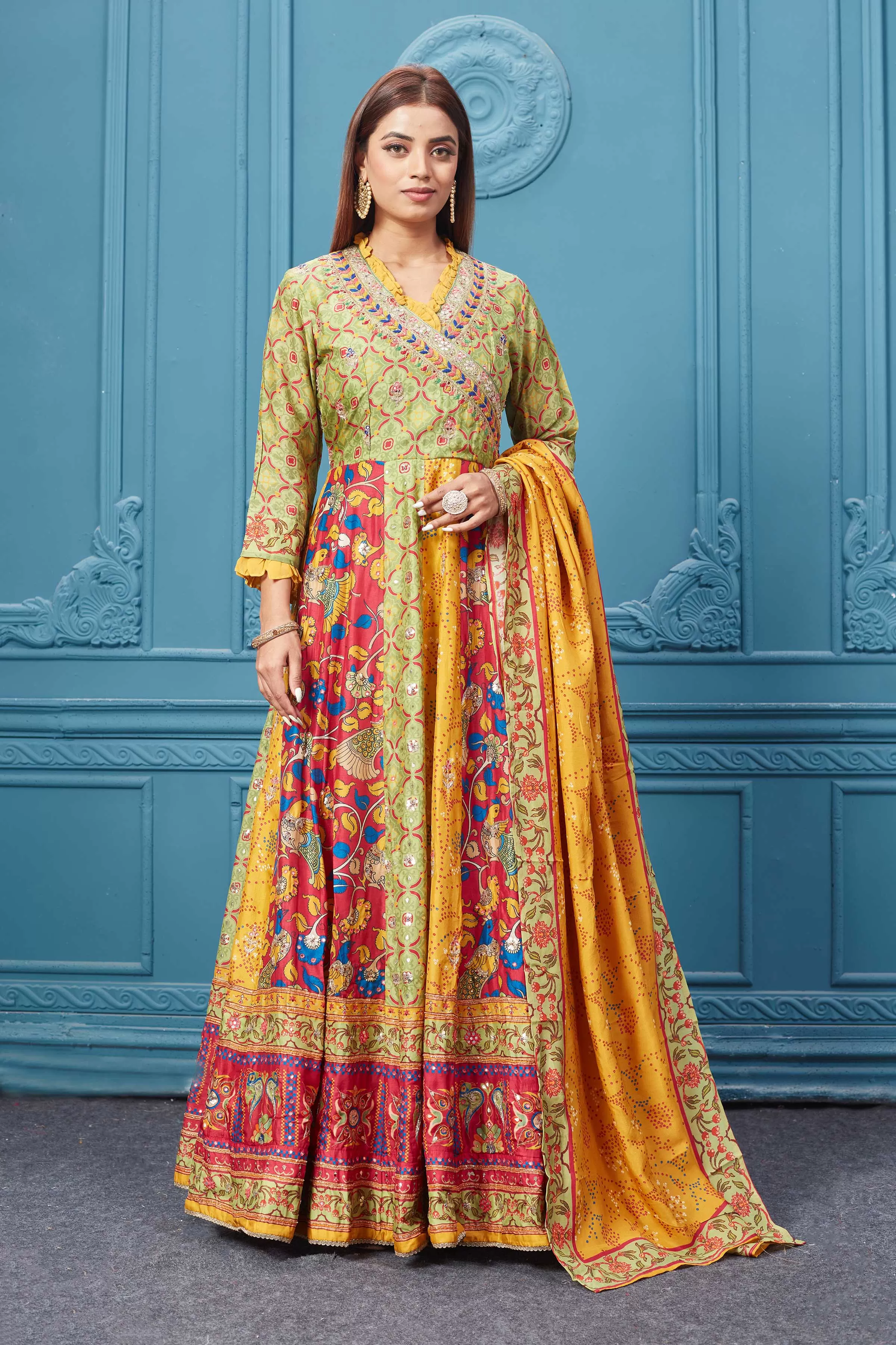 510025 Yellow Multicoloured Printed Anarkali Suit set