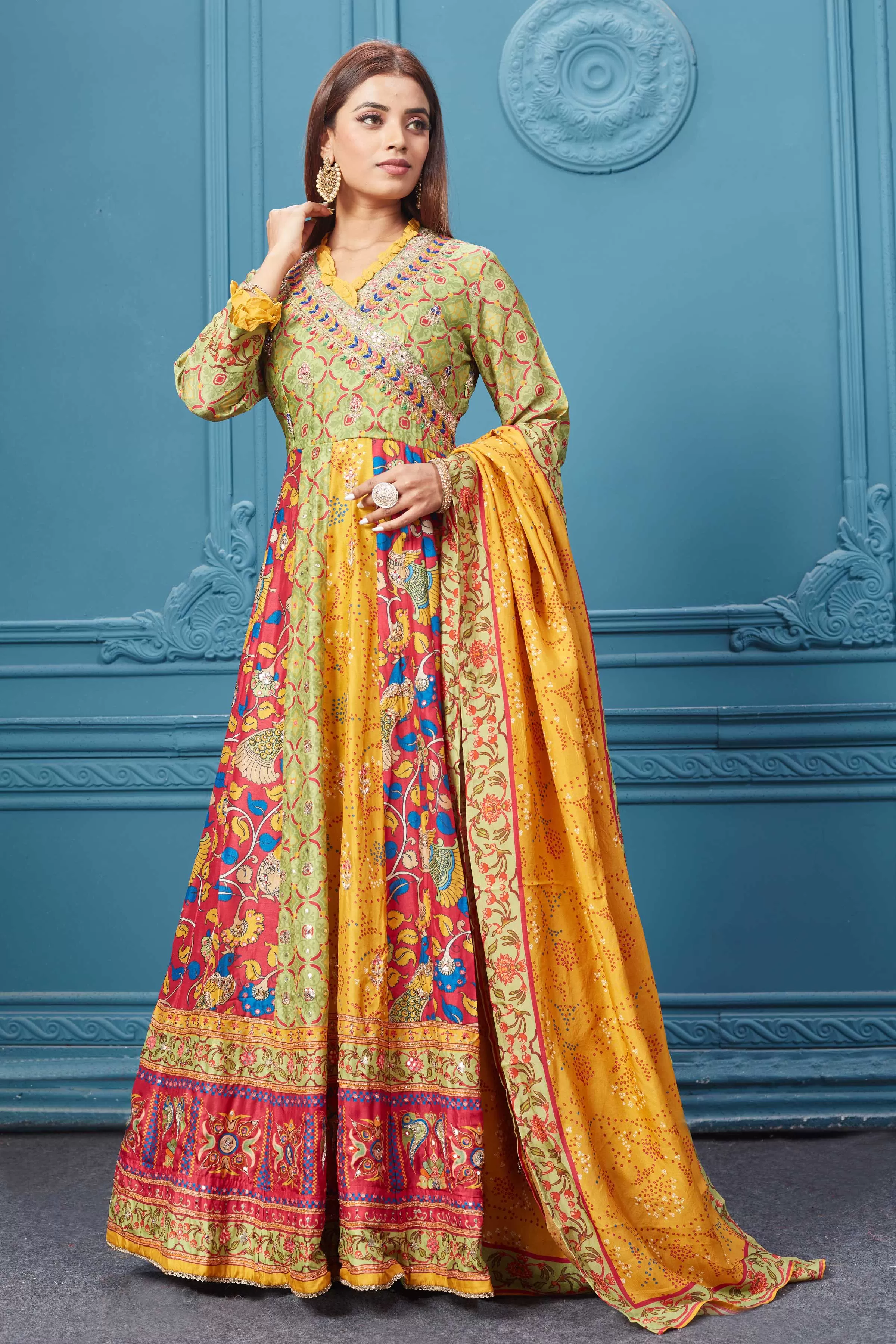 510025 Yellow Multicoloured Printed Anarkali Suit set