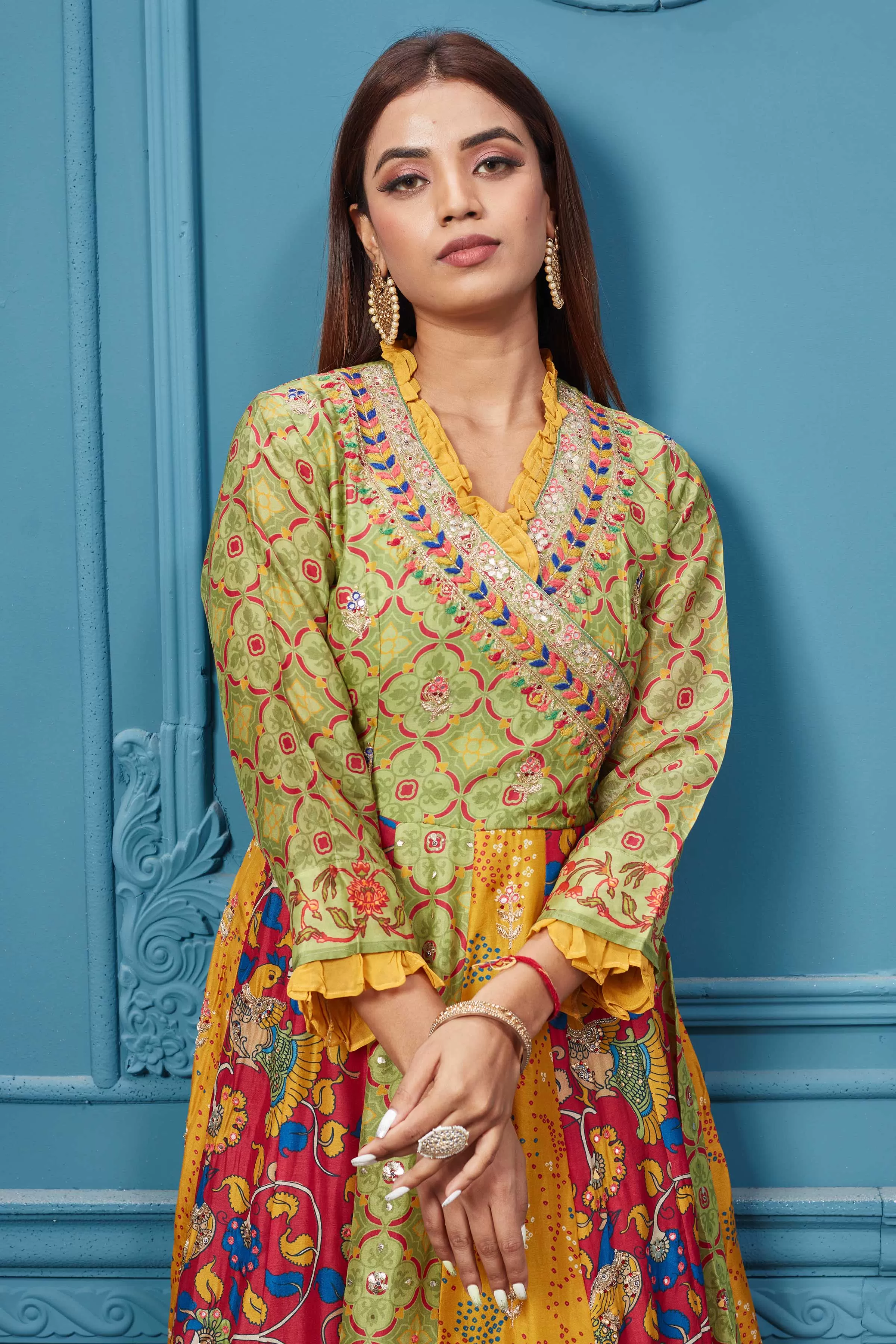 510025 Yellow Multicoloured Printed Anarkali Suit set