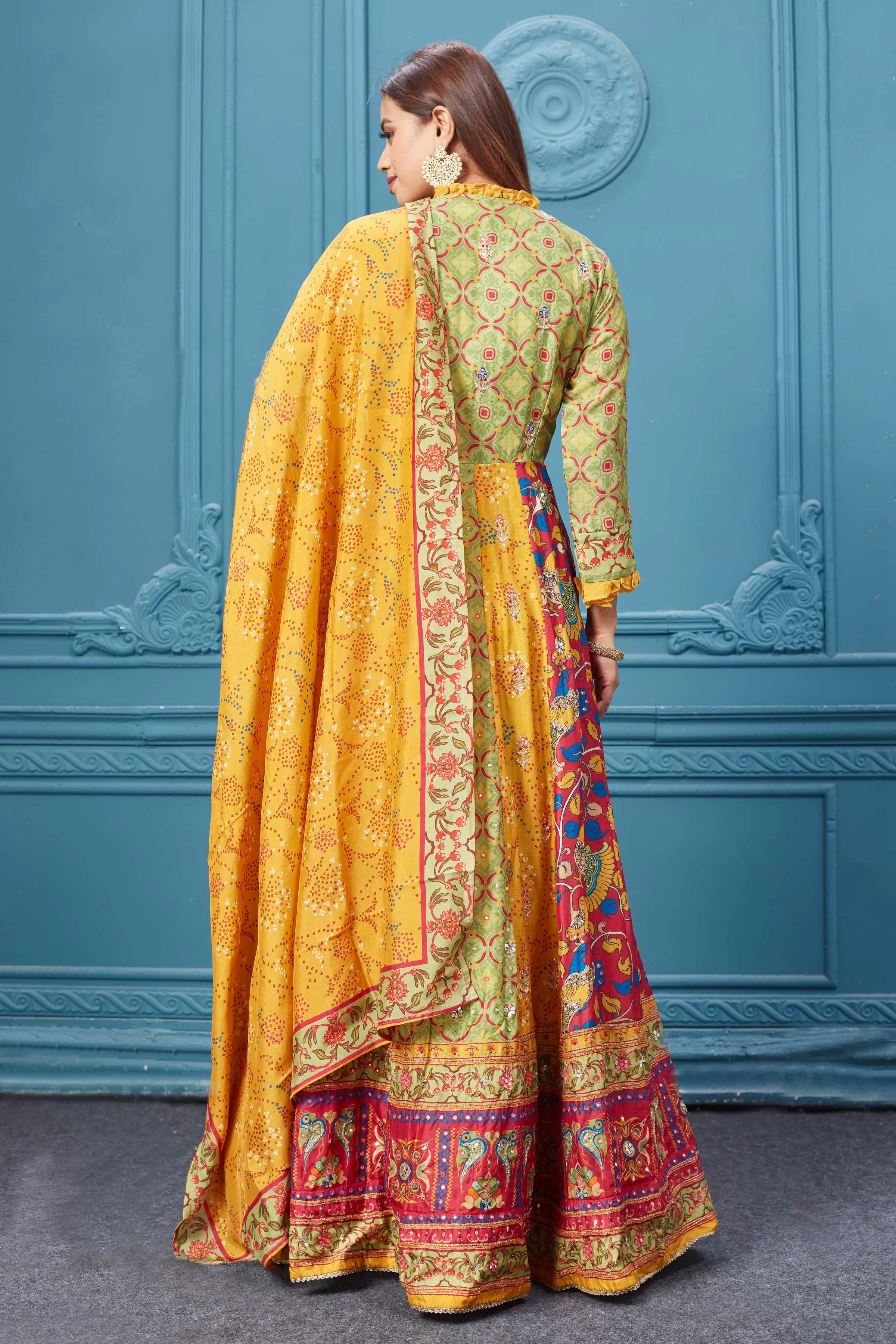 510025 Yellow Multicoloured Printed Anarkali Suit set