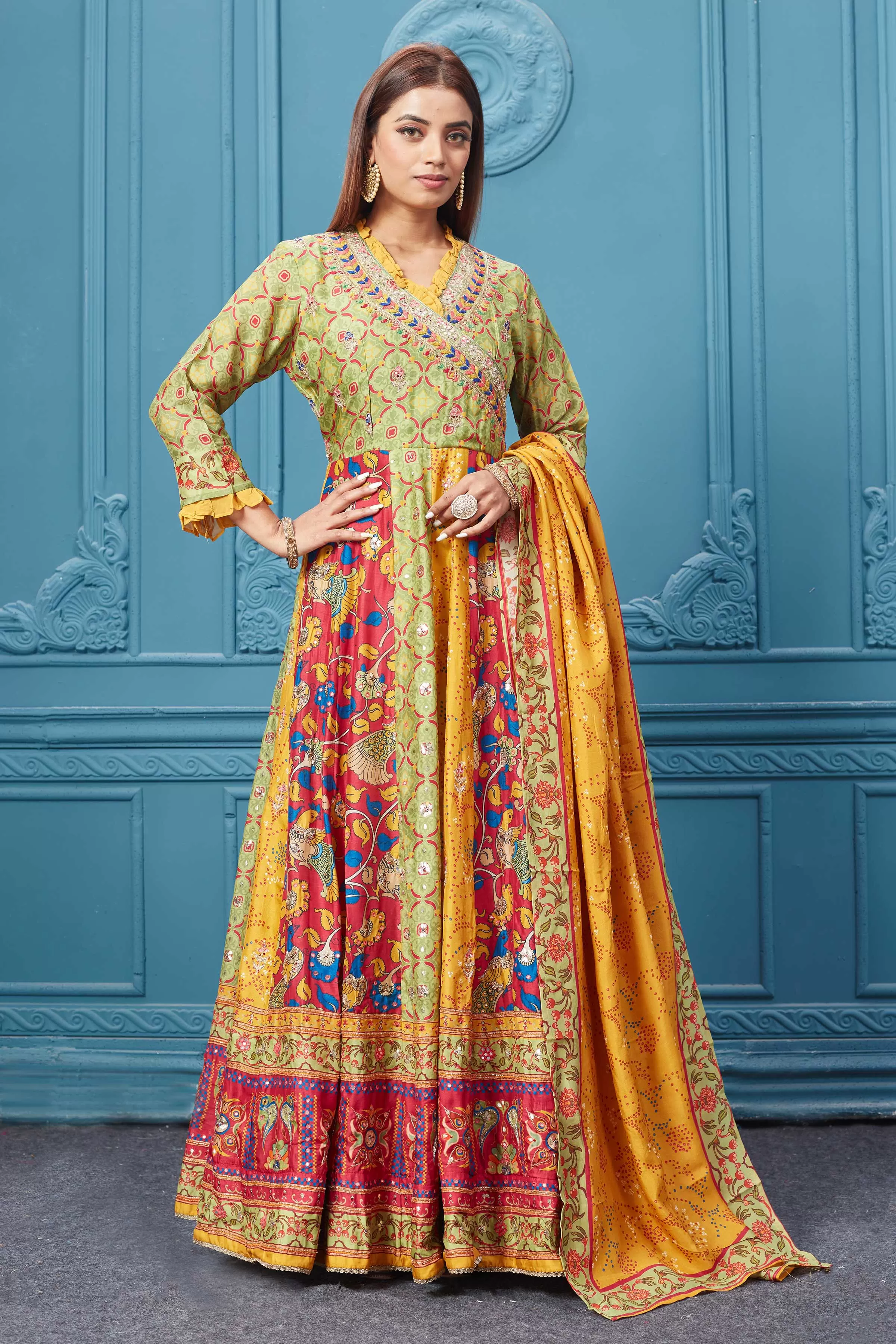 510025 Yellow Multicoloured Printed Anarkali Suit set