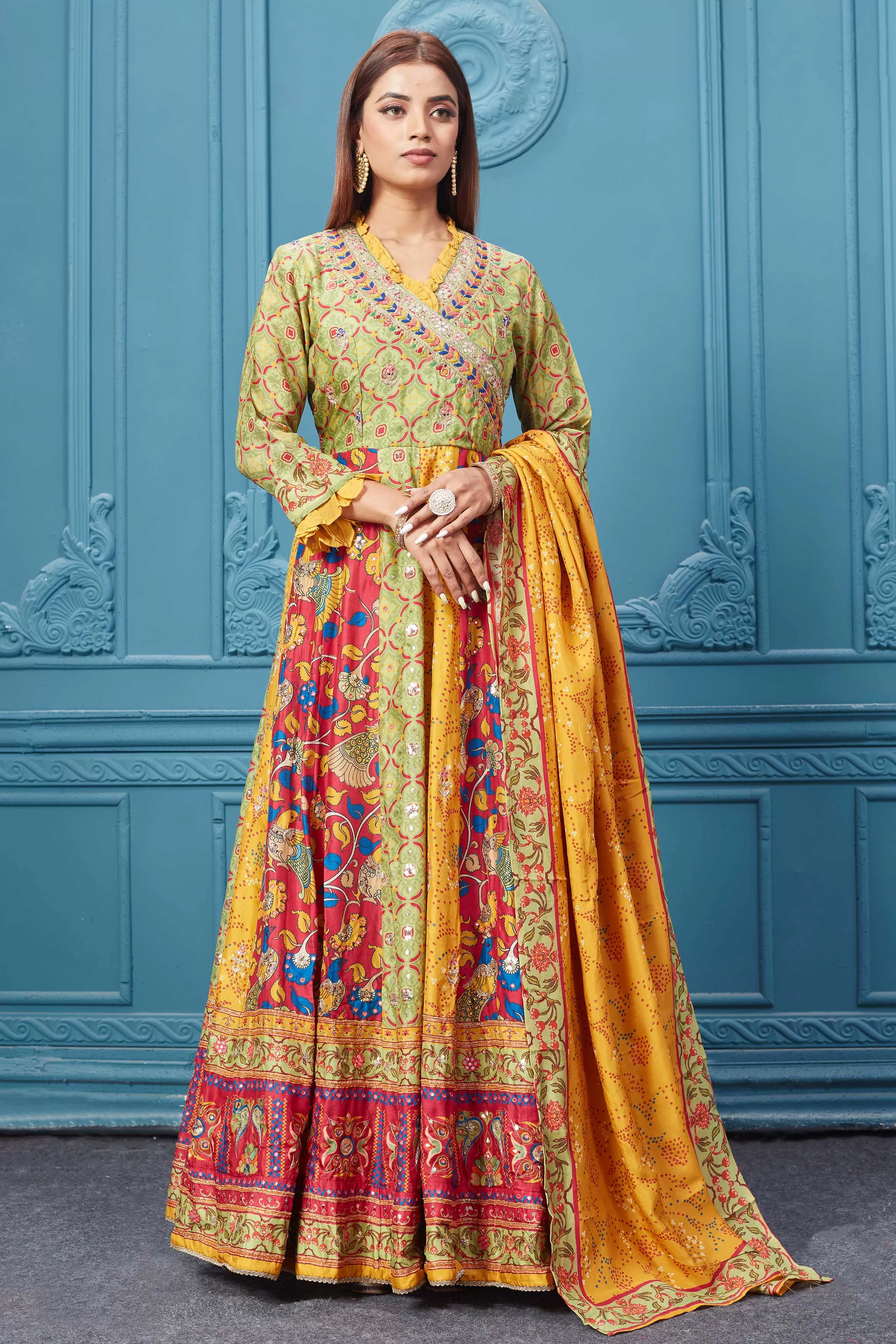 510025 Yellow Multicoloured Printed Anarkali Suit set