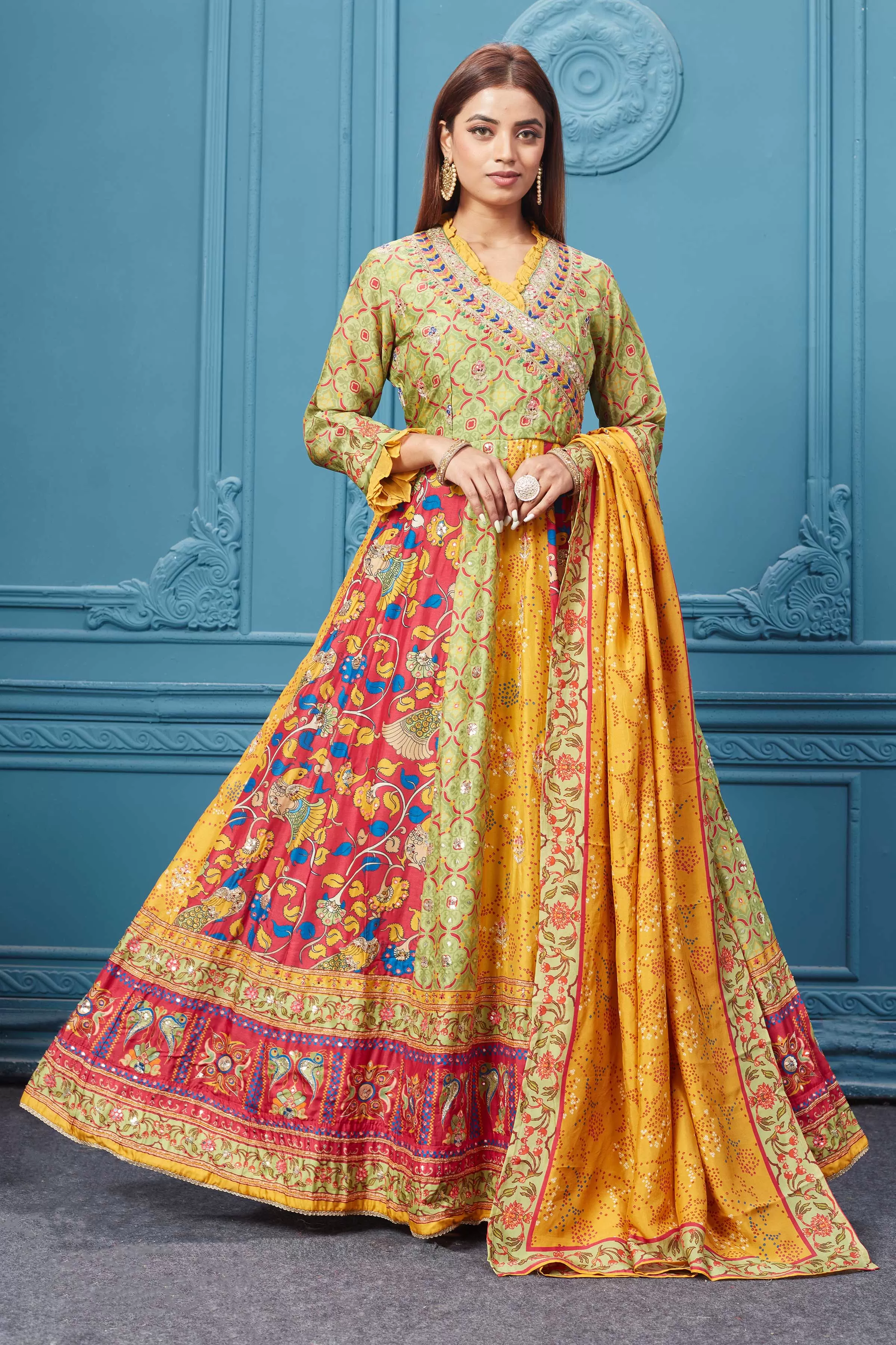 510025 Yellow Multicoloured Printed Anarkali Suit set