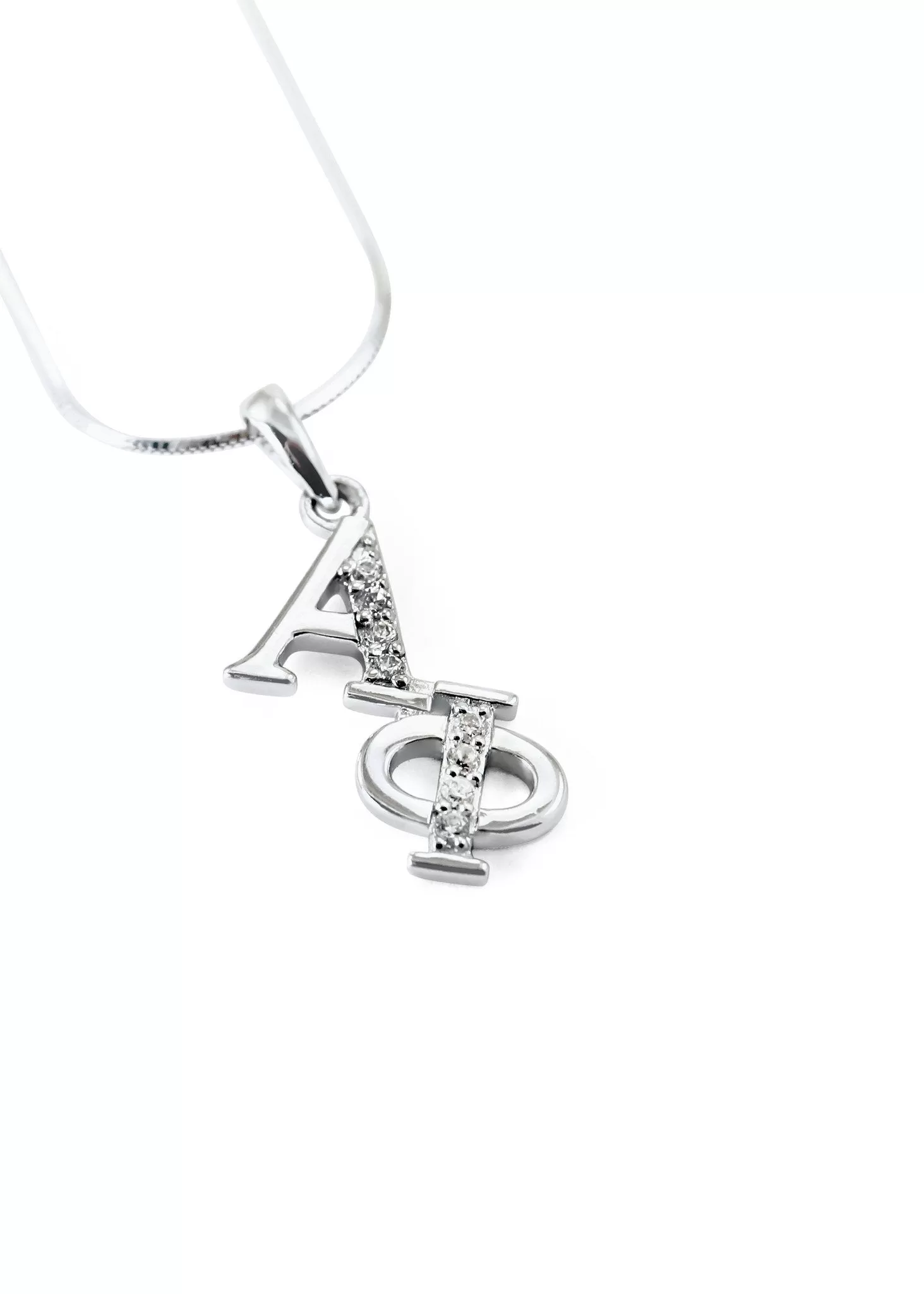 Alpha Phi Sterling Silver Diagonal Lavaliere with Simulated Diamonds