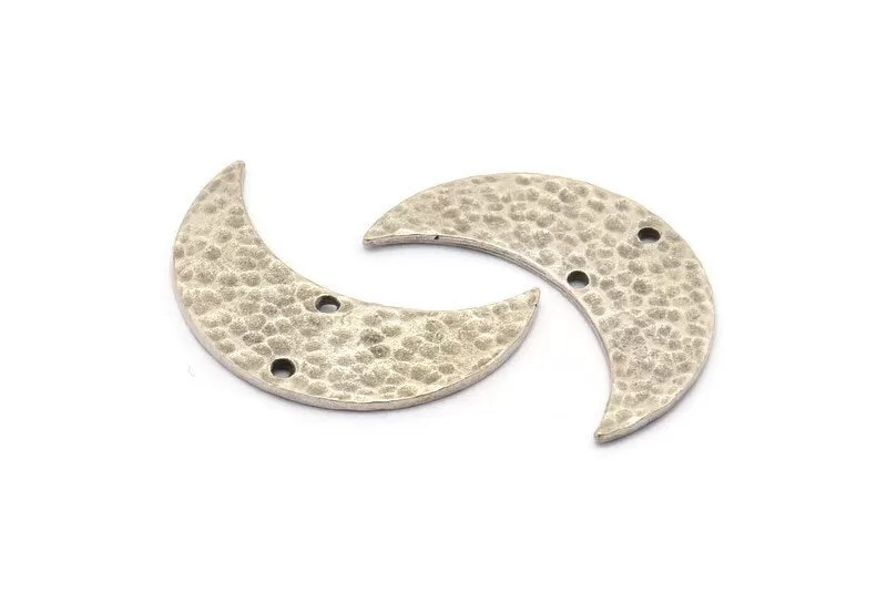 Antique Silver Hammered Crescent Charm, 2 Antique Silver Plated Brass Hammered Moons with 2 Holes (30x11x1.2mm) N0388 H0038