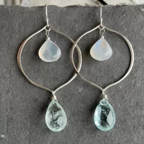 Aquamarine and Rainbow Moonstone Sofia Hoop Earrings, OOAK, no2