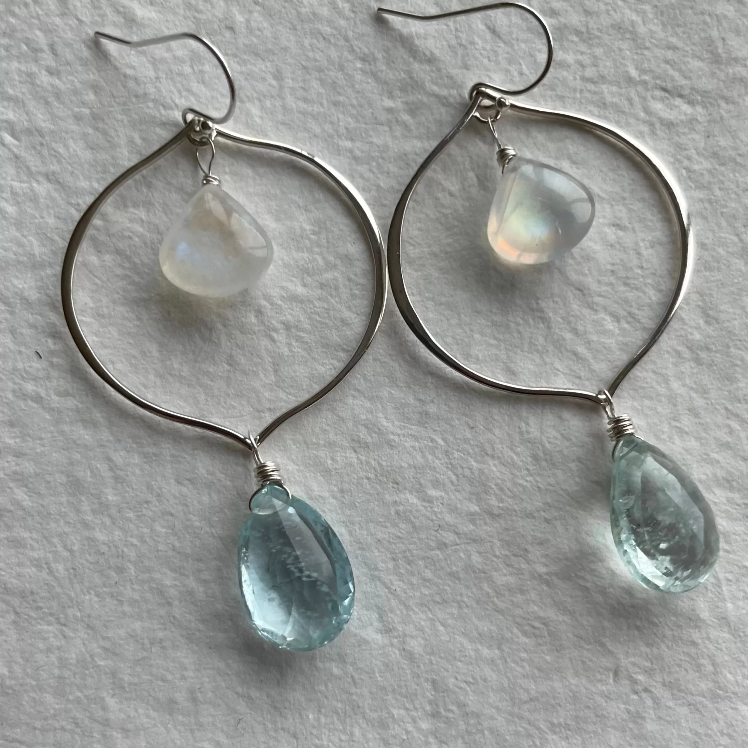 Aquamarine and Rainbow Moonstone Sofia Hoop Earrings, OOAK, no2