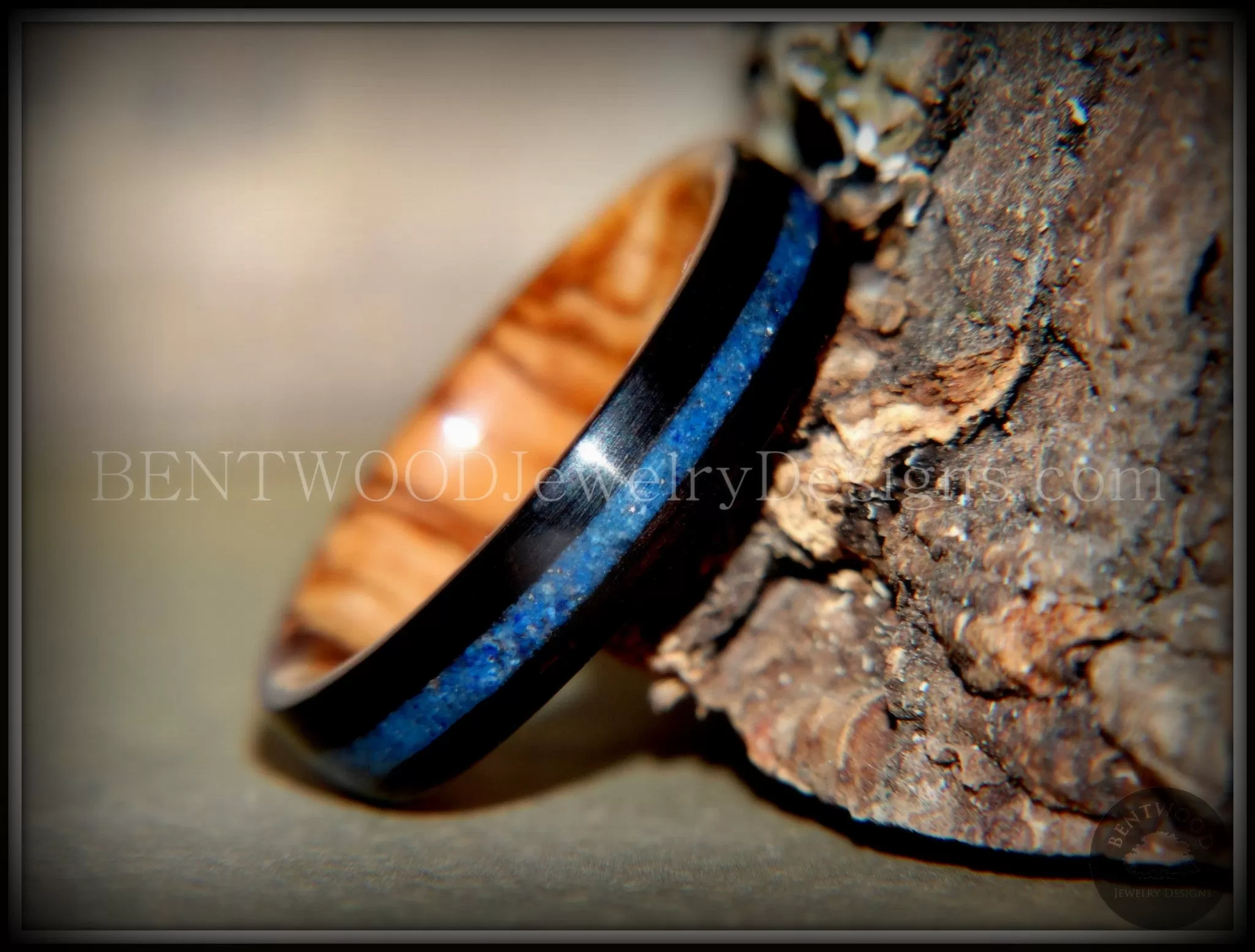 Bentwood Ring - Dark Ebony on Bethlehem Olivewood Core w/ Blue Lapis Inlay