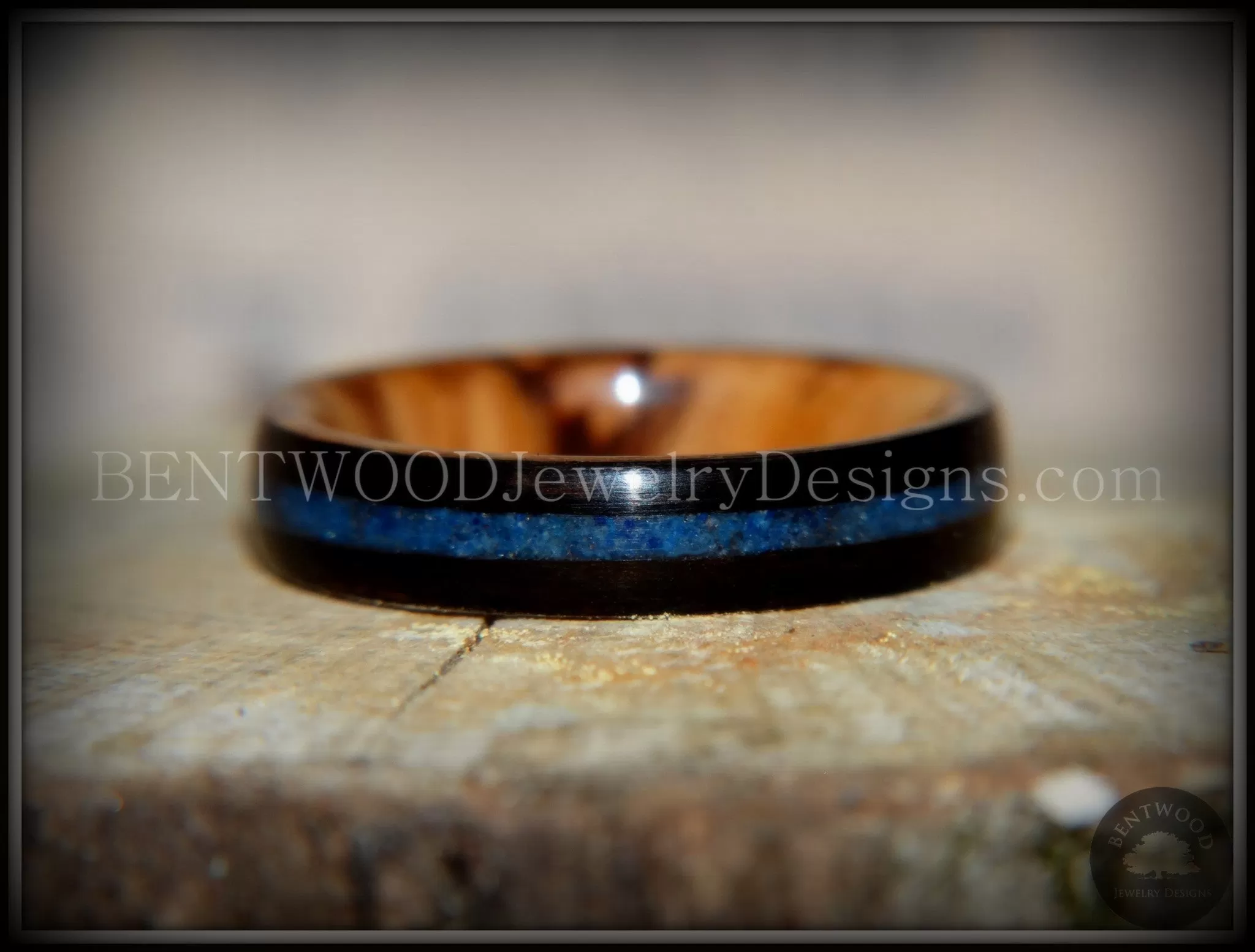 Bentwood Ring - Dark Ebony on Bethlehem Olivewood Core w/ Blue Lapis Inlay