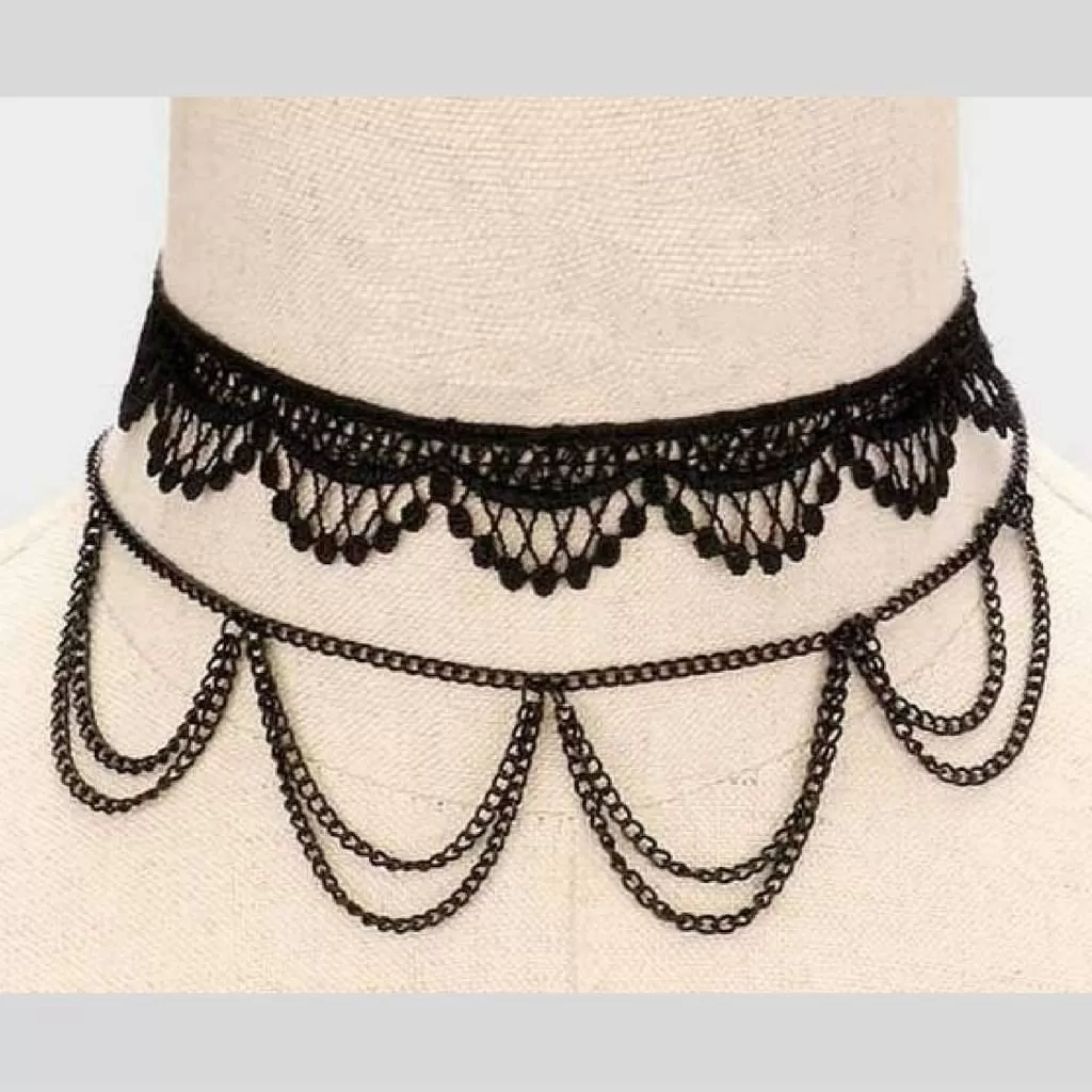 Black Two Piece Lace Crochet and Chain Choker