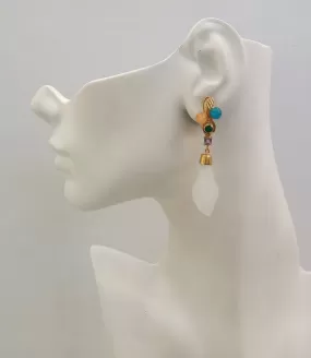 Blue, Green & Citrus Quartz  Studs with carved White Jade Lily Dangle Twinset Earrings