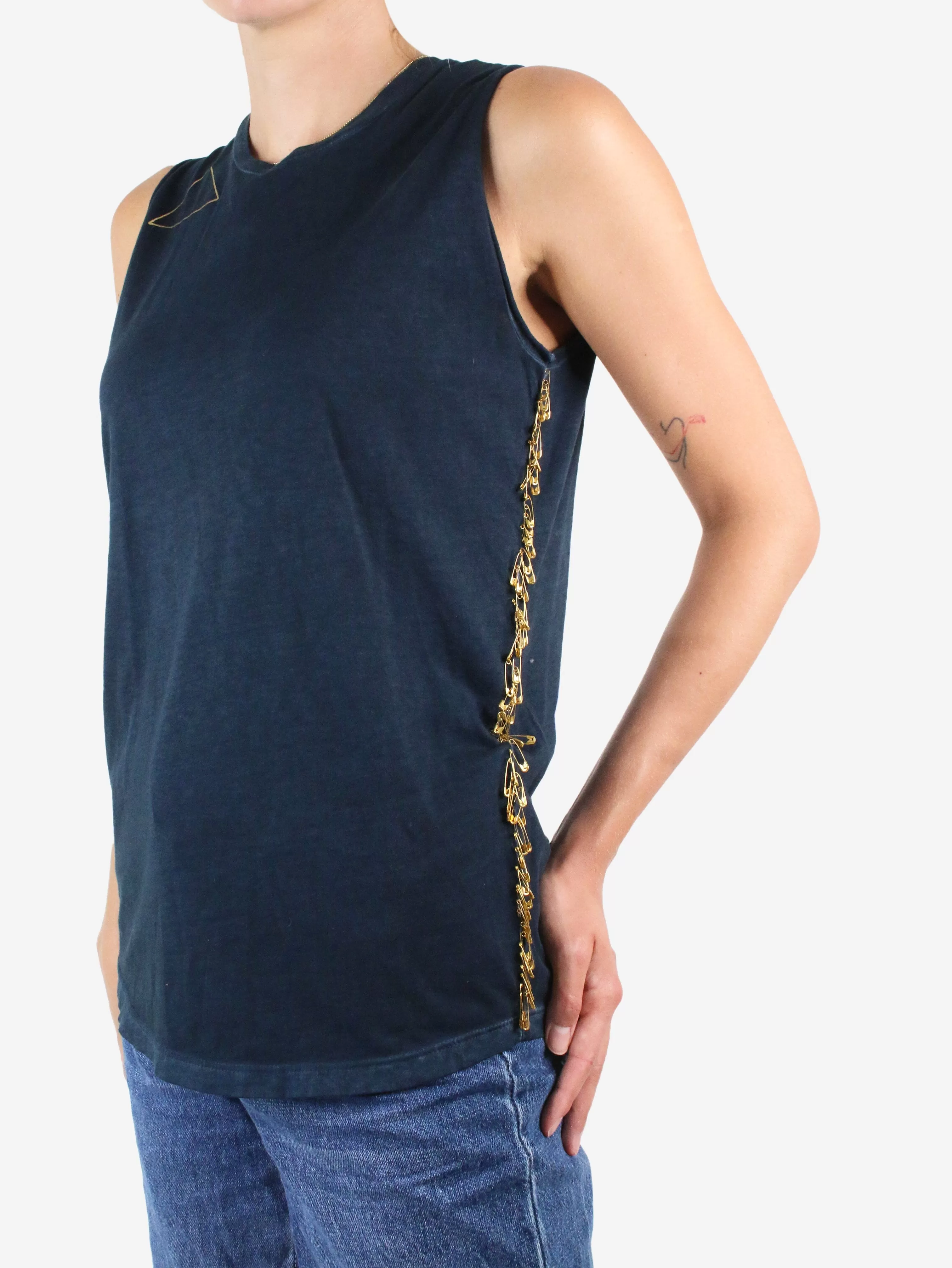 Blue sleeveless safety pins top- size S