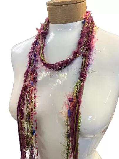 Boho Beaded Lightweight Mohair Scarf Necklace -  Pink, Purple, Maroon and Green with Floral Accents