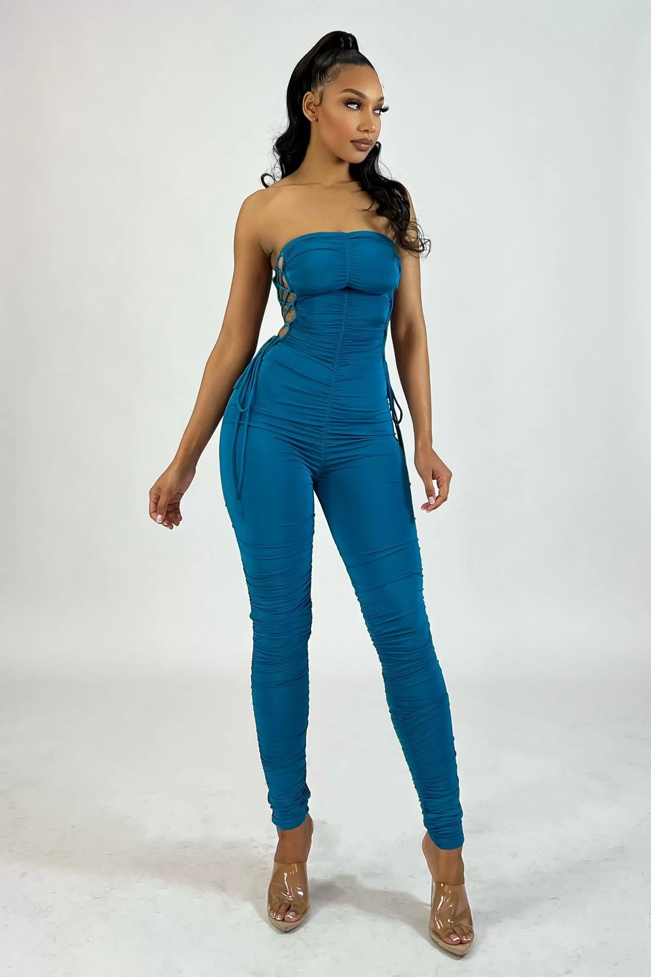 By My Side Lace-Up Ruched Tube Jumpsuit