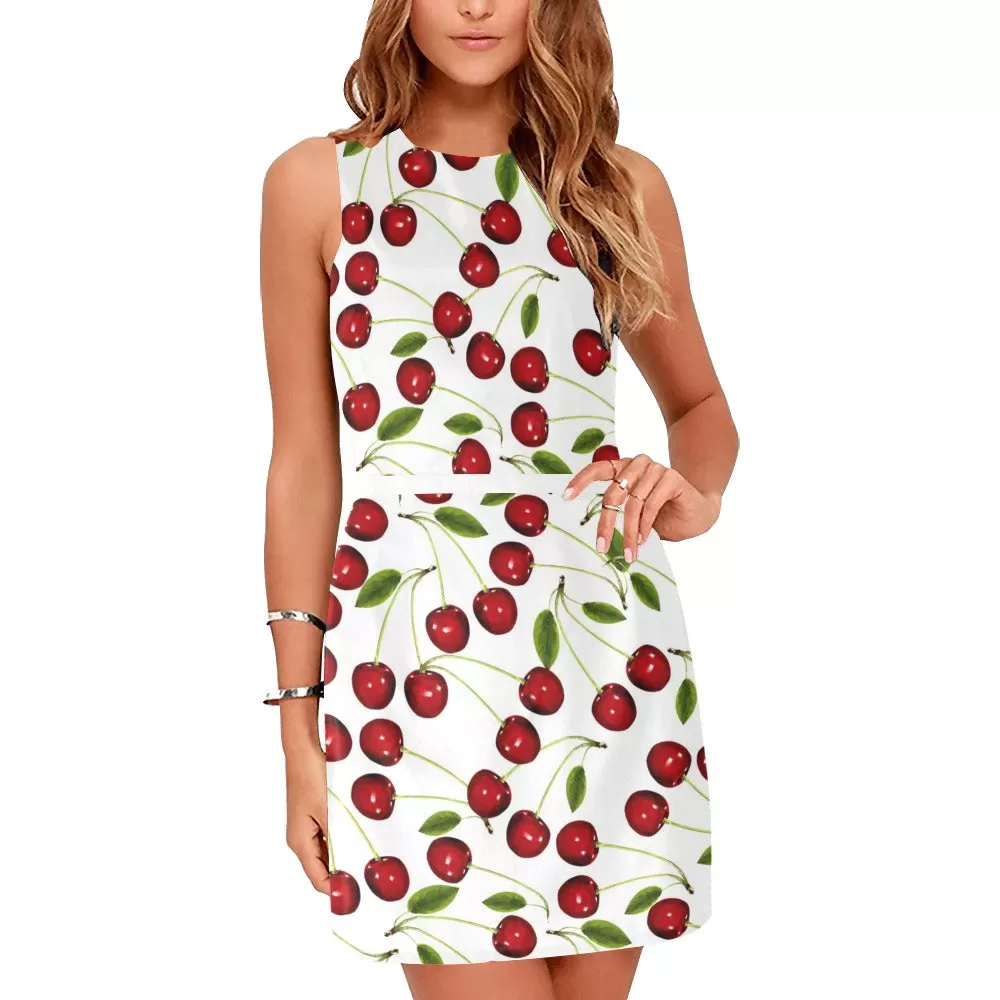 cherry white print Eos Women's Sleeveless Dress (Model D01)