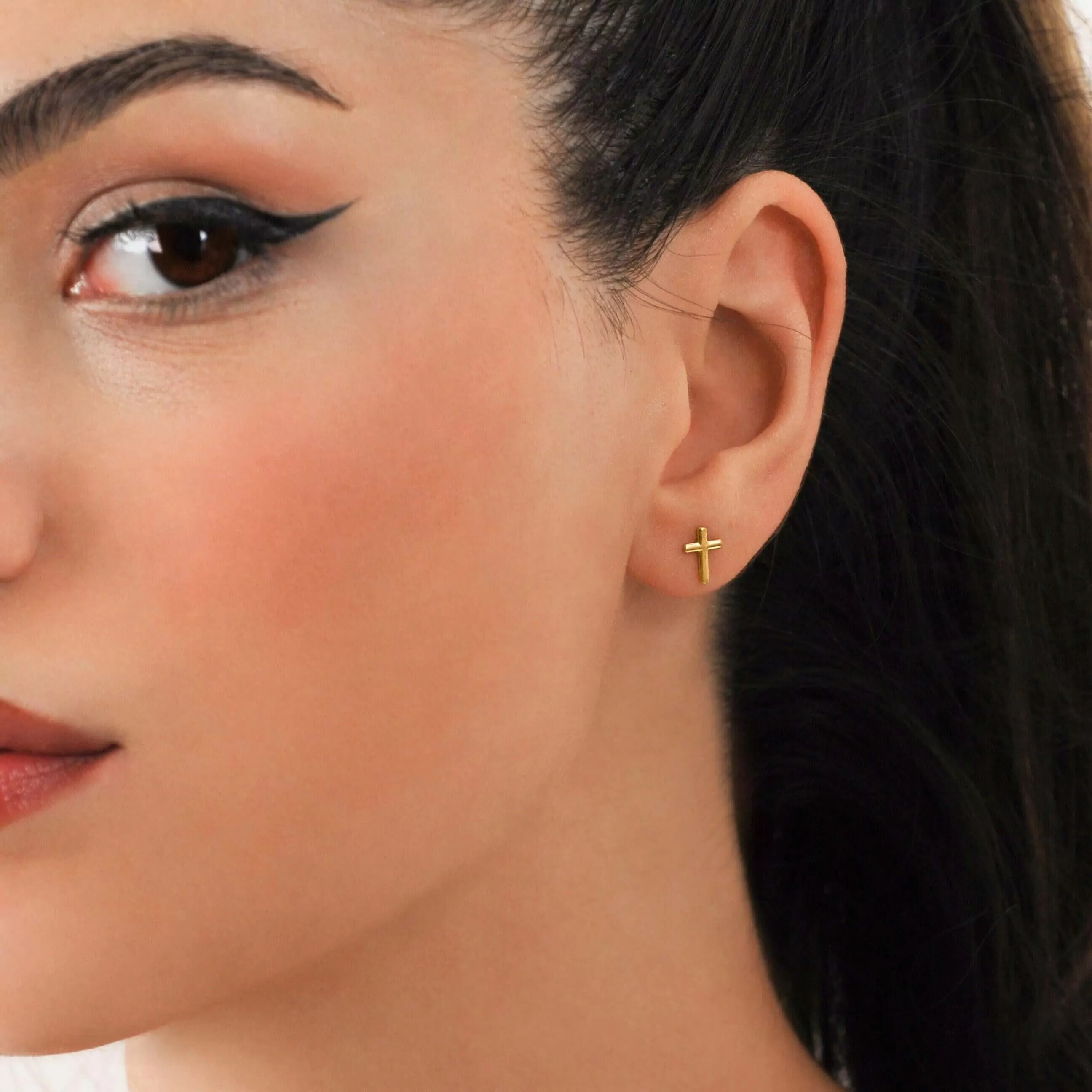 Cross Stud Earrings | 14K Solid Gold