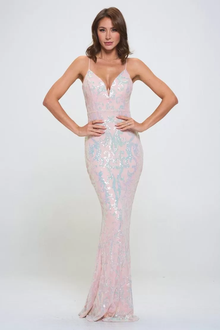 Cynthia Nude Pink Sequin Maxi Gown