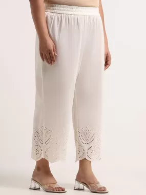 Diza Off-White Schiffli Detailed Straight Cotton Palazzos