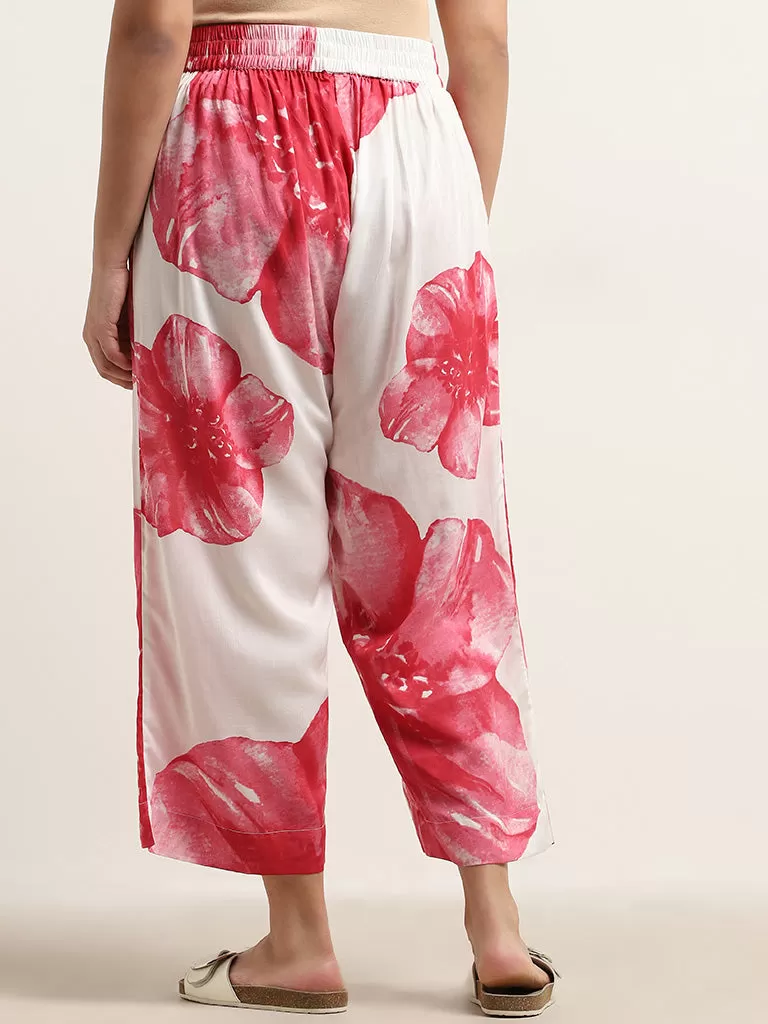 Diza Red Floral Printed High-Rise Palazzos