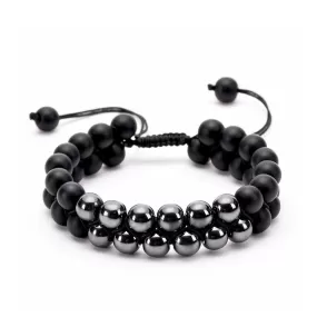 Double Row Men's Bracelet Natural Onyx & Hematite Healing Stones