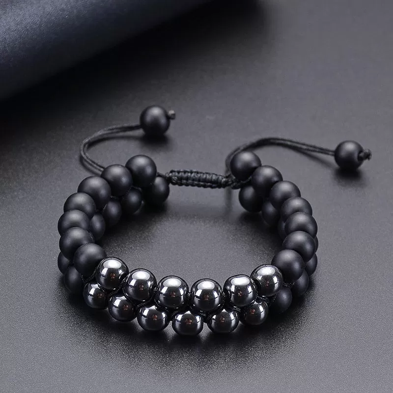 Double Row Men's Bracelet Natural Onyx & Hematite Healing Stones