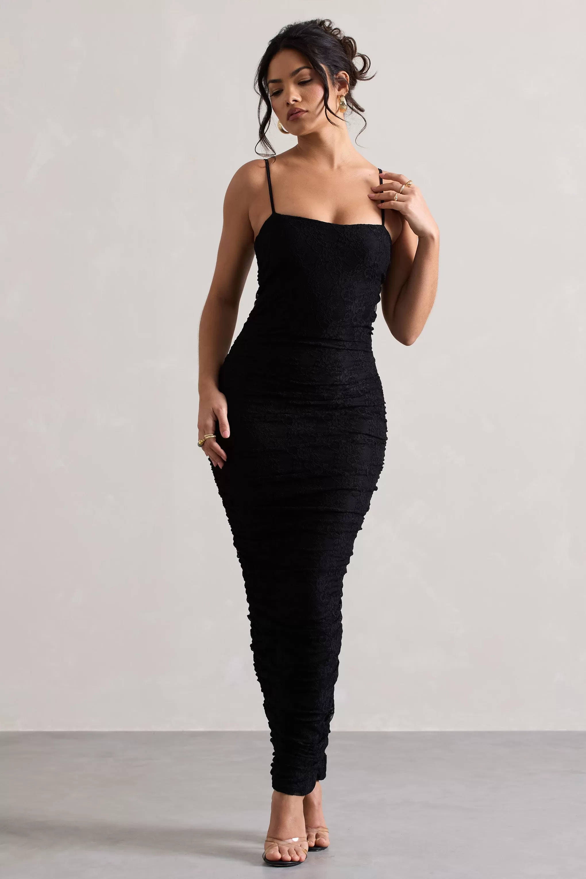 Ellis | Black Lace Strappy Bodycon Maxi Dress