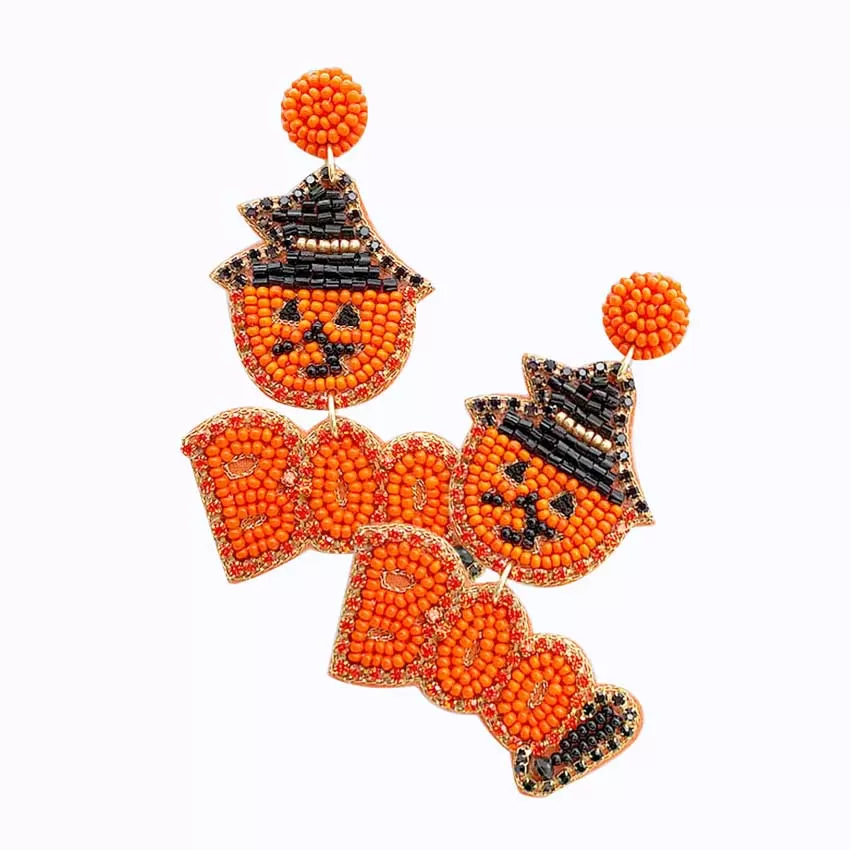 Felt Back Halloween Boo Message Beaded Dangle Earrings