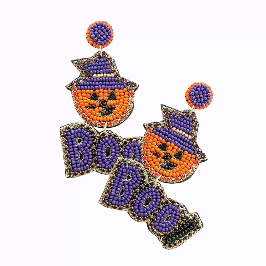 Felt Back Halloween Boo Message Beaded Dangle Earrings