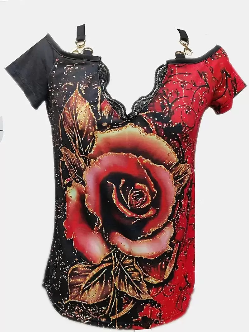 Floral Graphic Women's Off-Shoulder T-Shirt for Casual Holiday Outings