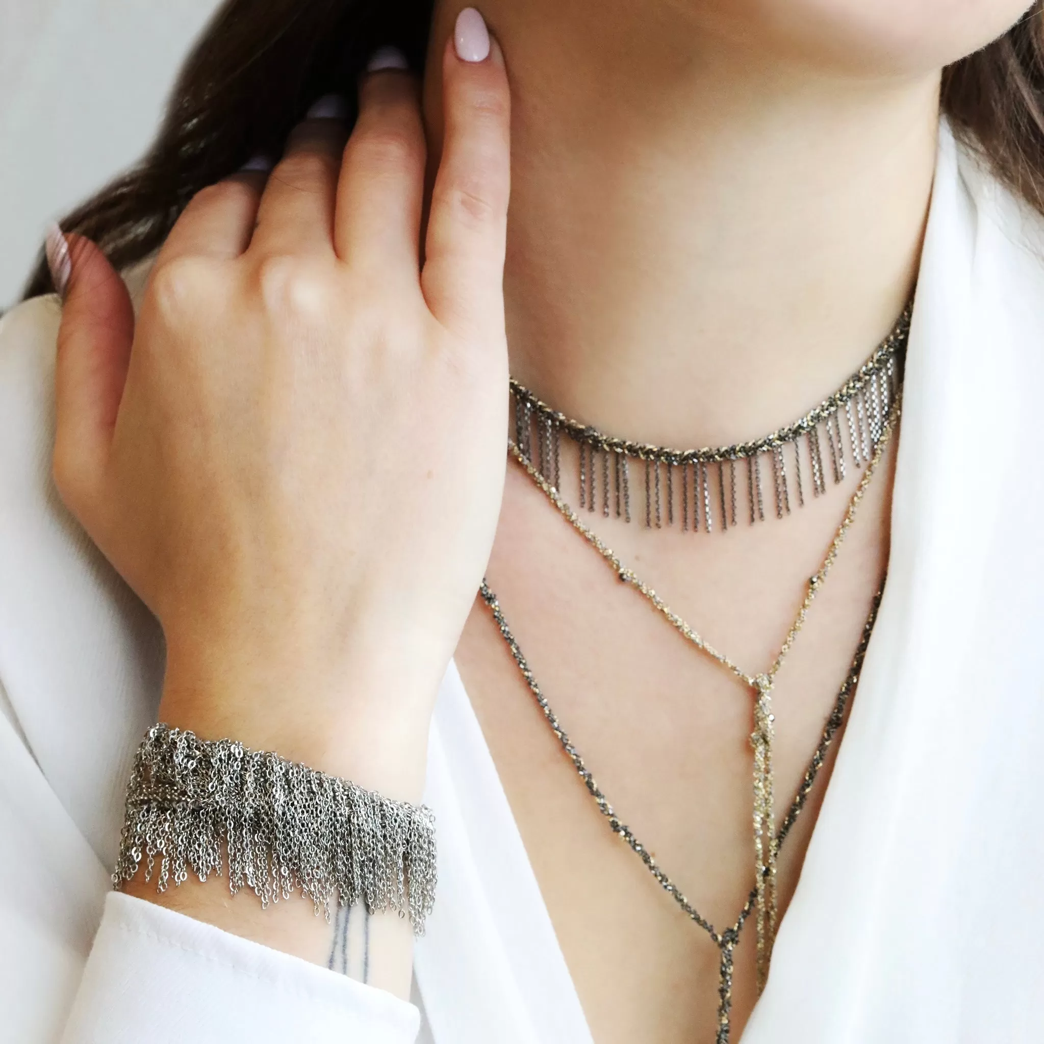 Grey Thread & White Bronze Woven Fringe Bracelet