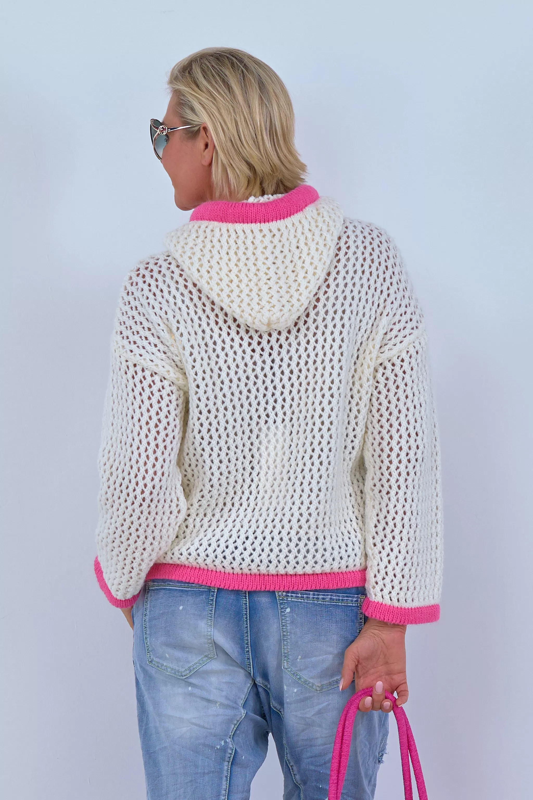 Grobgestrickter Hoodie, creme-pink