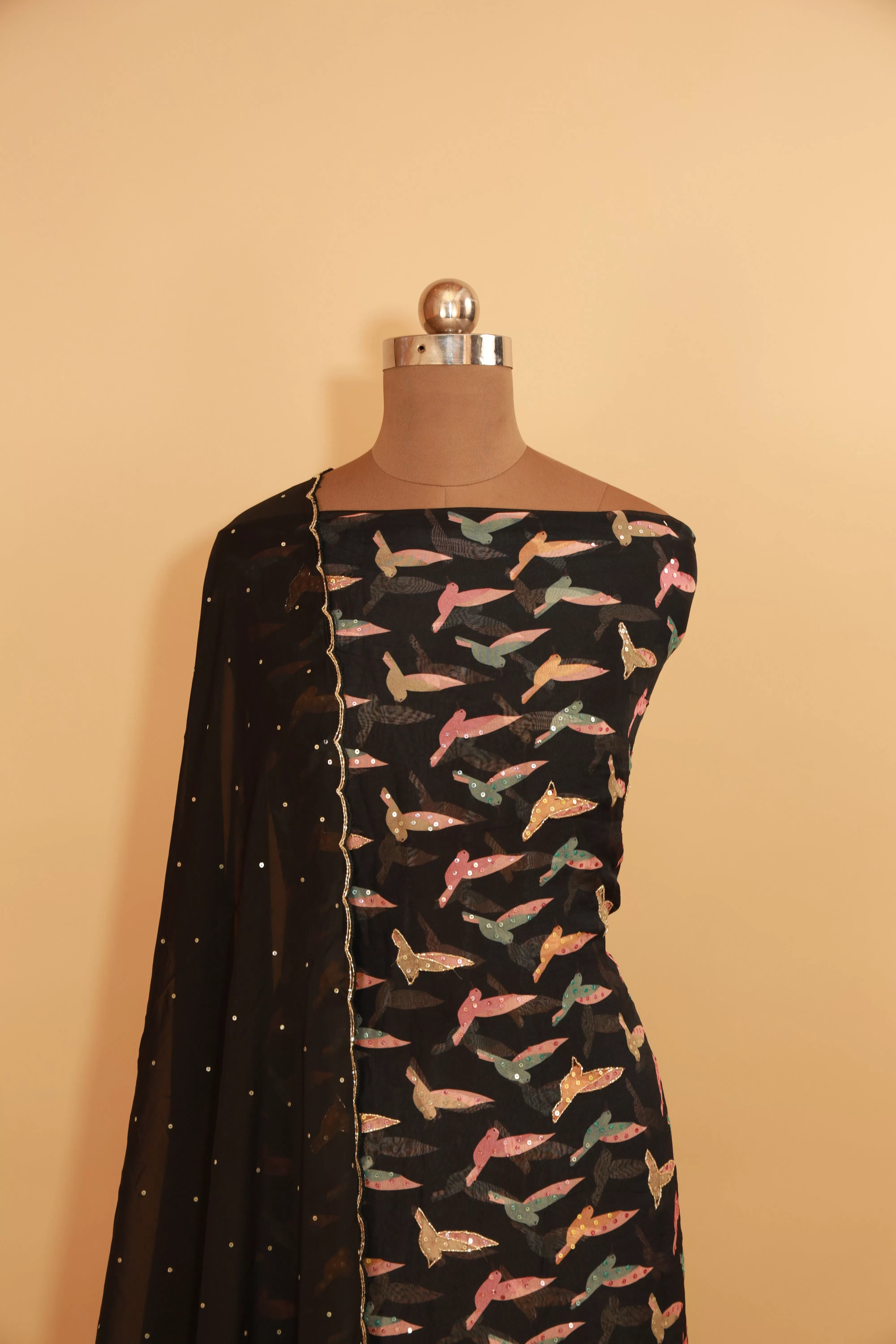 Hand Embroidered Black Organza Suit Dupatta