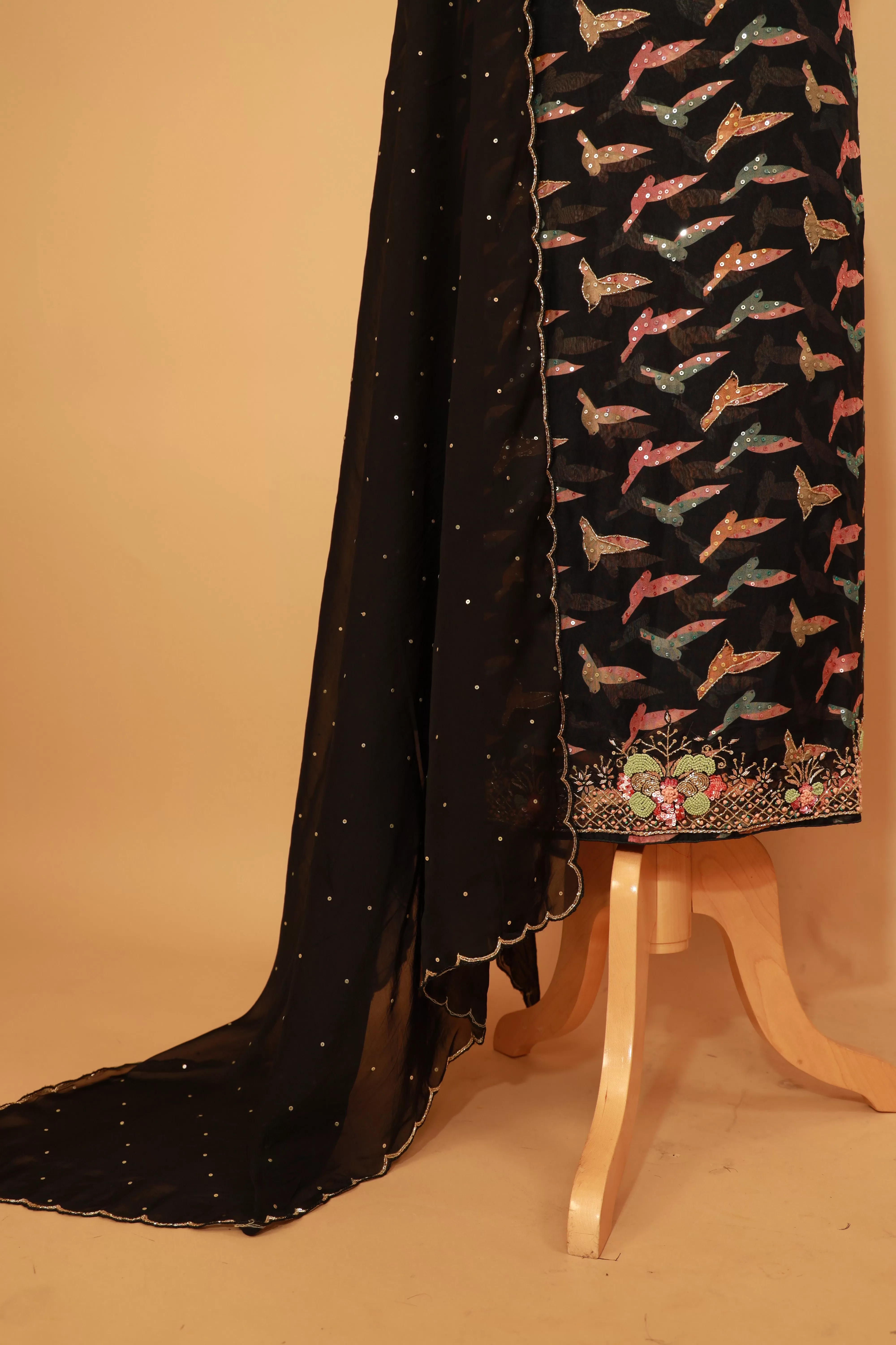 Hand Embroidered Black Organza Suit Dupatta