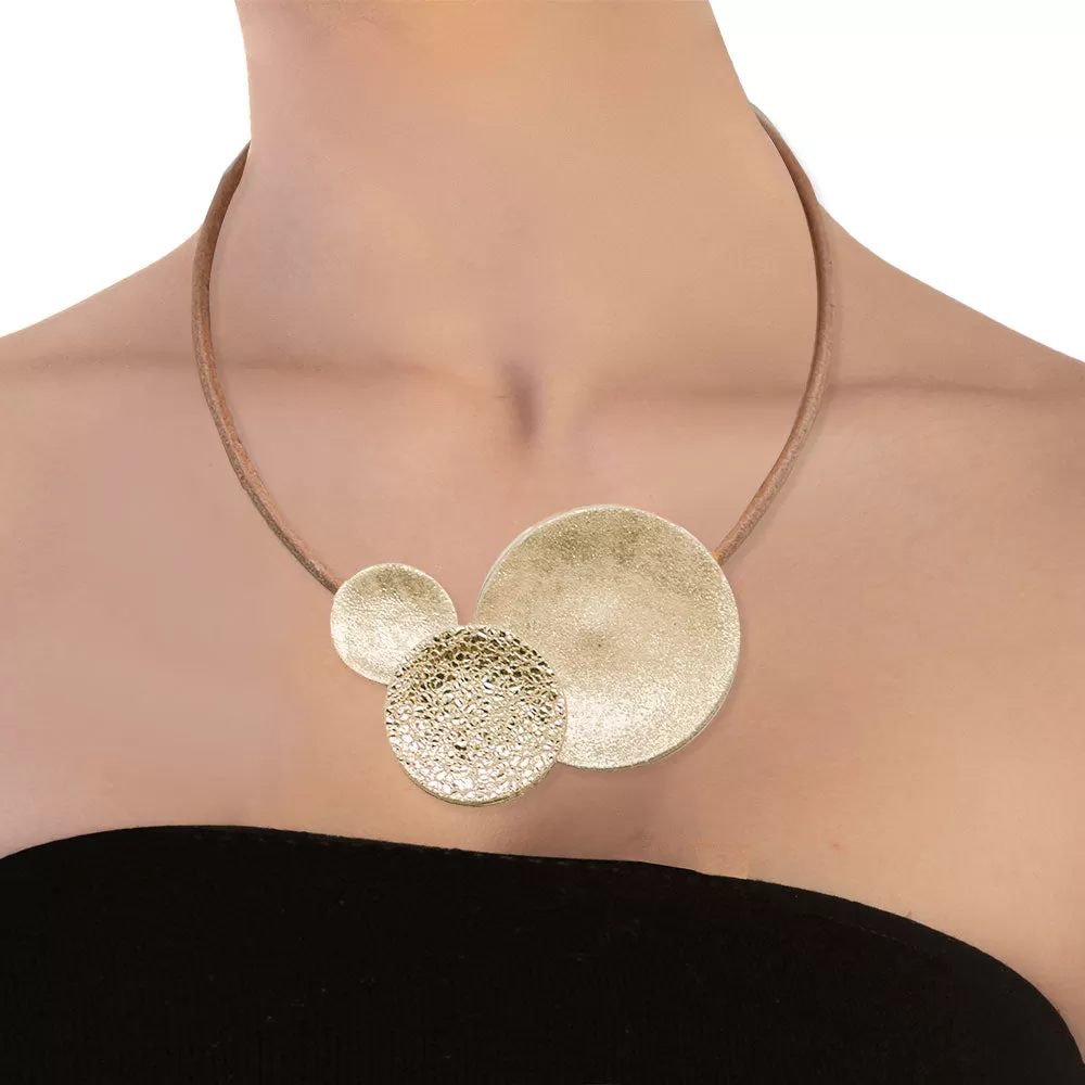 Handmade Gold Short Leather Necklace Circles