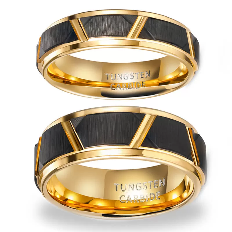 His & Her 6mm/8mm Brushed Black Gold Tungsten Wedding Bands with Groove Beveled Edge