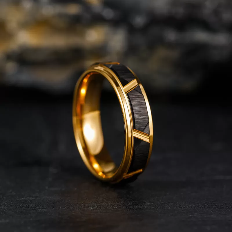 His & Her 6mm/8mm Brushed Black Gold Tungsten Wedding Bands with Groove Beveled Edge