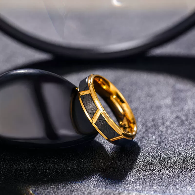 His & Her 6mm/8mm Brushed Black Gold Tungsten Wedding Bands with Groove Beveled Edge