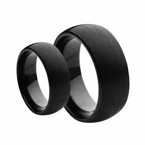 His & Her's Matching Set 6mm / 8mm Black Brushed Dome Tungsten Carbide Wedding Band Set