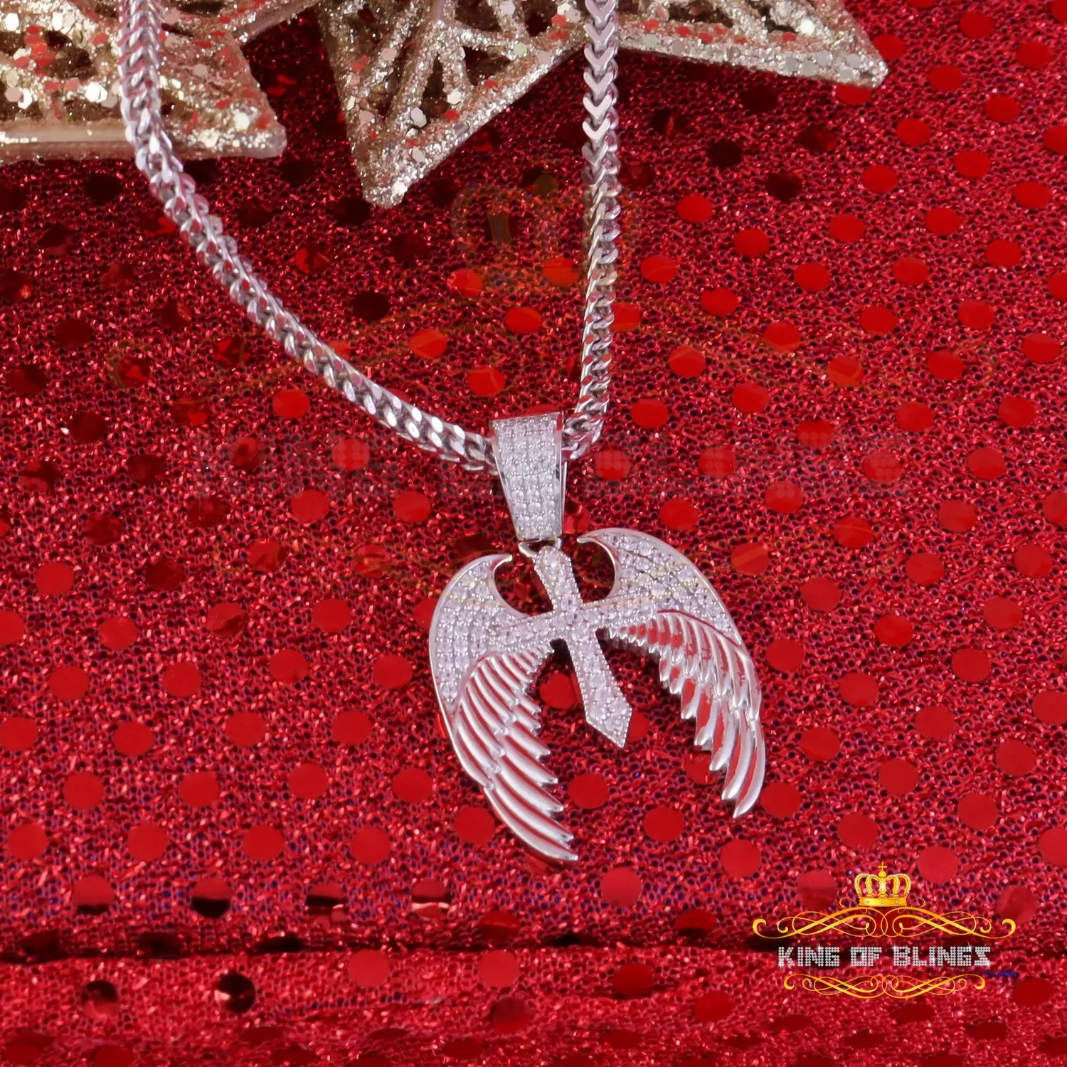 King Of Bling's White Silver Small 1.50ct Cubic Zirconia 925 Sterling Pendant Cross Angel Wing